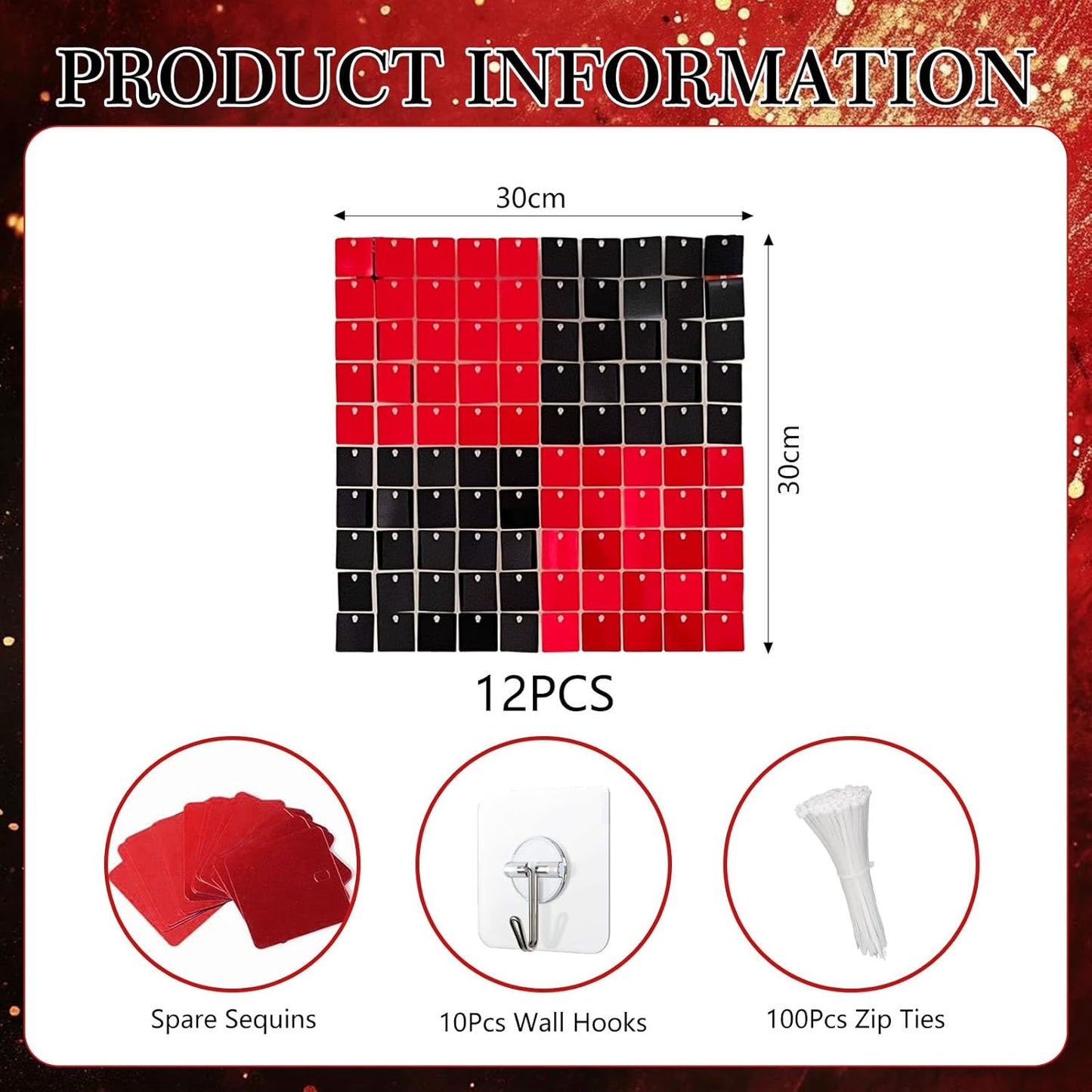 12PCS Black Red Shimmer Wall Backdrop, Square Sequin Photo Backdrops Panel, Glitter Wall Background for Birthdays, Weddings, Christmas, Halloween, Disco Bachelorette Party Decor (3FTx4FT)