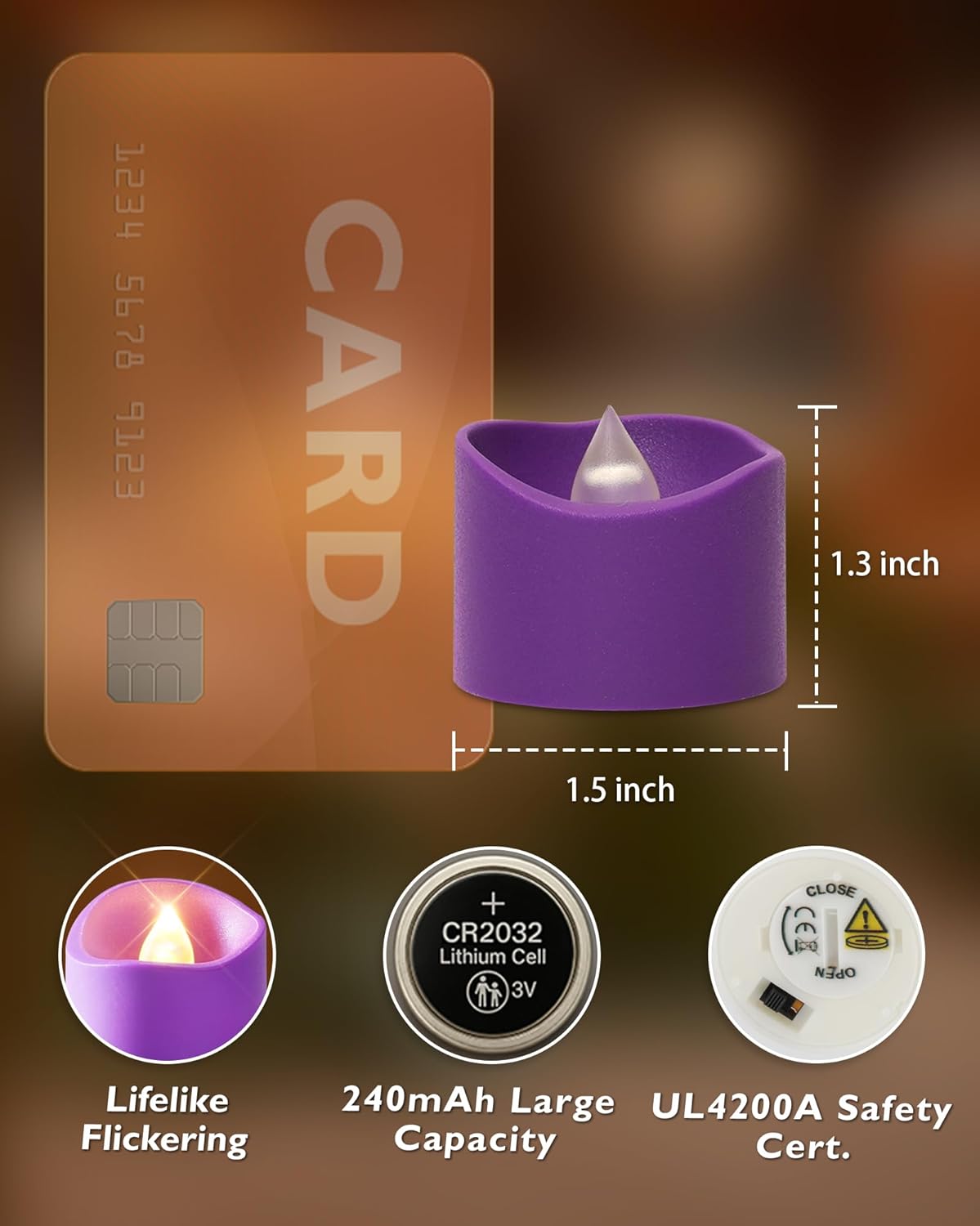 Homemory Purple Tea Lights Candles Battery Operated, 200+Hour Flameless Flickering Fake Electric LED Colored Tealights Candles for Party, Wedding, Halloween, Mardi Gras, Holiday Decor, 24-Pack