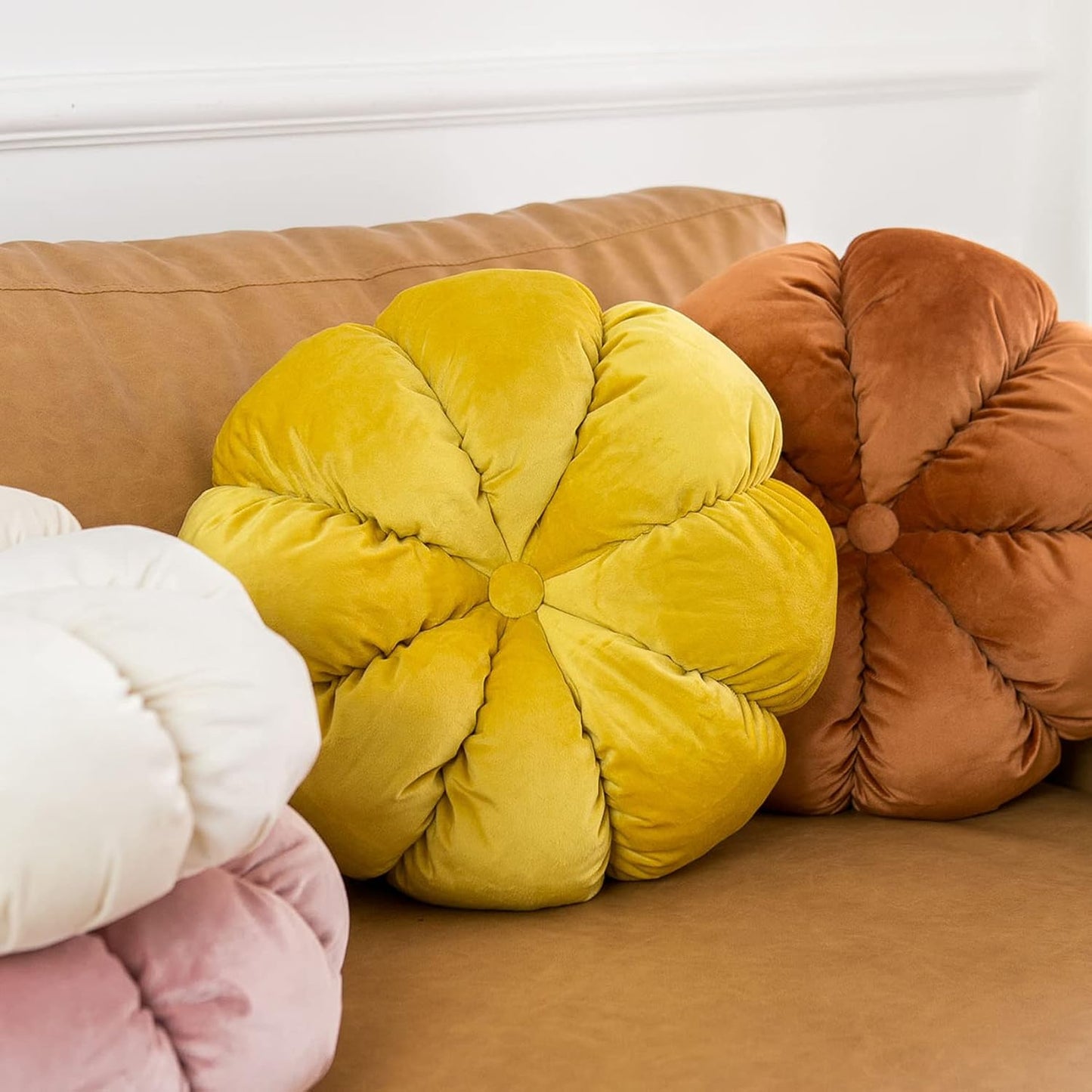 Flower Pillow Cushion Round Decorative Throw Pillow for Couch Bedroom Flower-Shaped Floor Cushion for Girls Kids (Yellow, 15.7”)