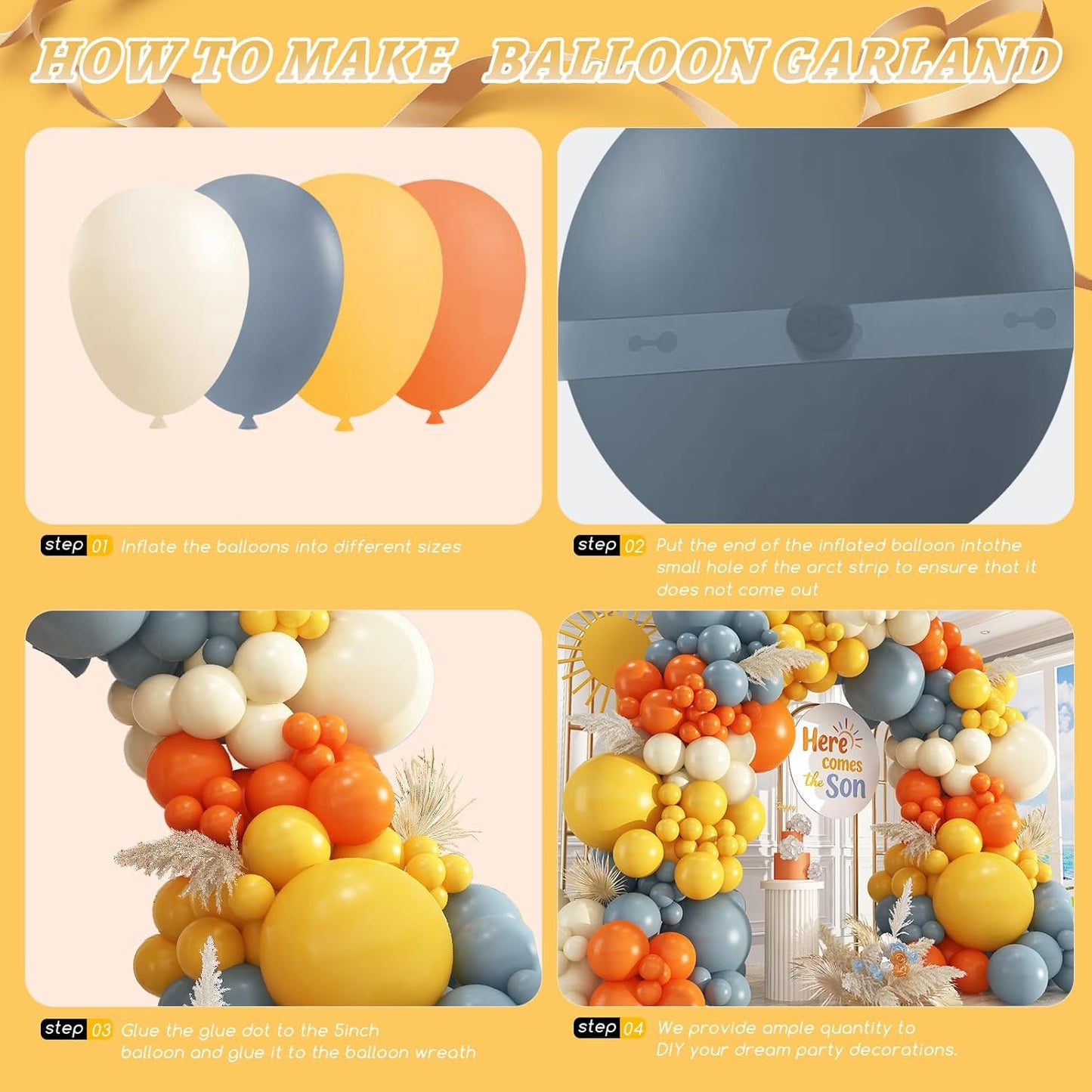 Here Comes the Sun Balloon Garland Arch Kit,412pcs Different Sizes 18 12 10 5 Inch Here Comes the Son Balloon Arch Garland Kit for Boho Retro Here Comes the Son Baby Shower Decor