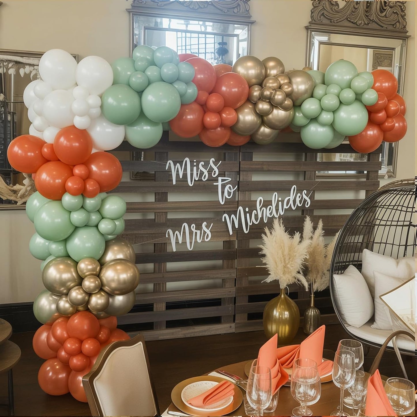 Fall Balloons Set, 12 Inch Thanksgiving Balloons, Retro Burnt Terracotta Rust Orange Dusty Sage Mint Green White Metallic Gold Latex Balloon for Thanksgiving Autumn Harvest Fall Birthday Decorations