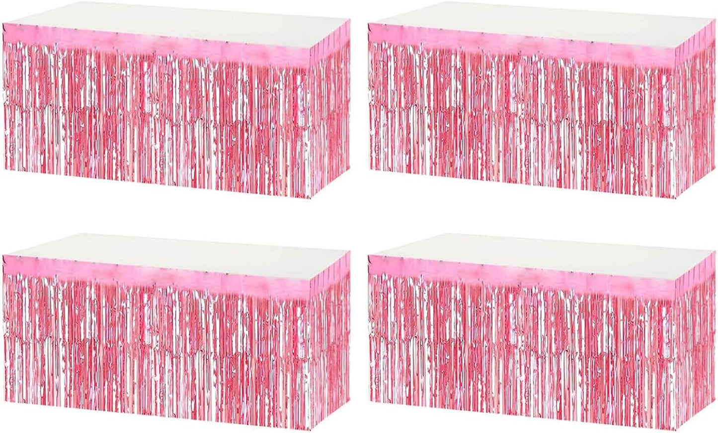 4 Pack Metallic Foil Fringe Tinsel Table Skirts,29x108 Inch Party Disposable Table Skirt Banner for Hotel Banquet Parade Floats Mardi Gras Holiday Birthday Wedding New Year Party Decoration(Pink)