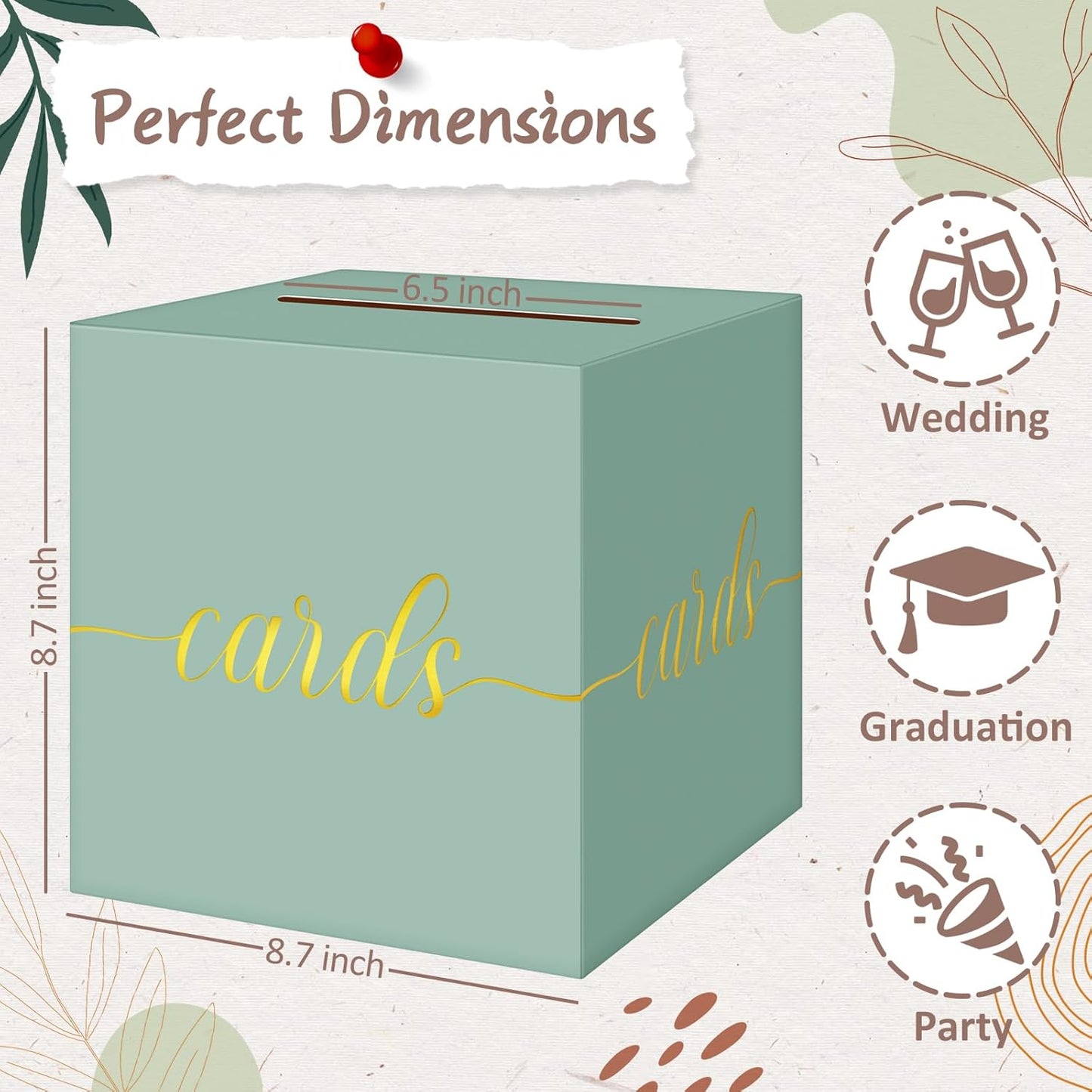 QIKSION Sage Green Wedding Card Box, Gold Foil Gift Card Box for Party, Wedding Reception, Birthday, Baby Shower, Raffle, Graduation