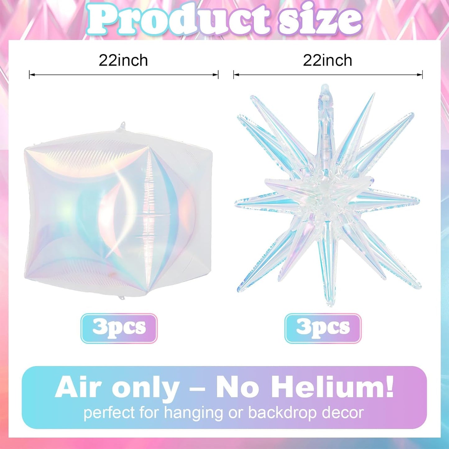 6Pcs Iridescent Foil Balloons, 22in Square Foil Balloons and Explosion Star Iridescent Balloon, Holographic Clear Cube Ball Balloon for Birthday Mermaid Rainbow Wedding Party Supplies