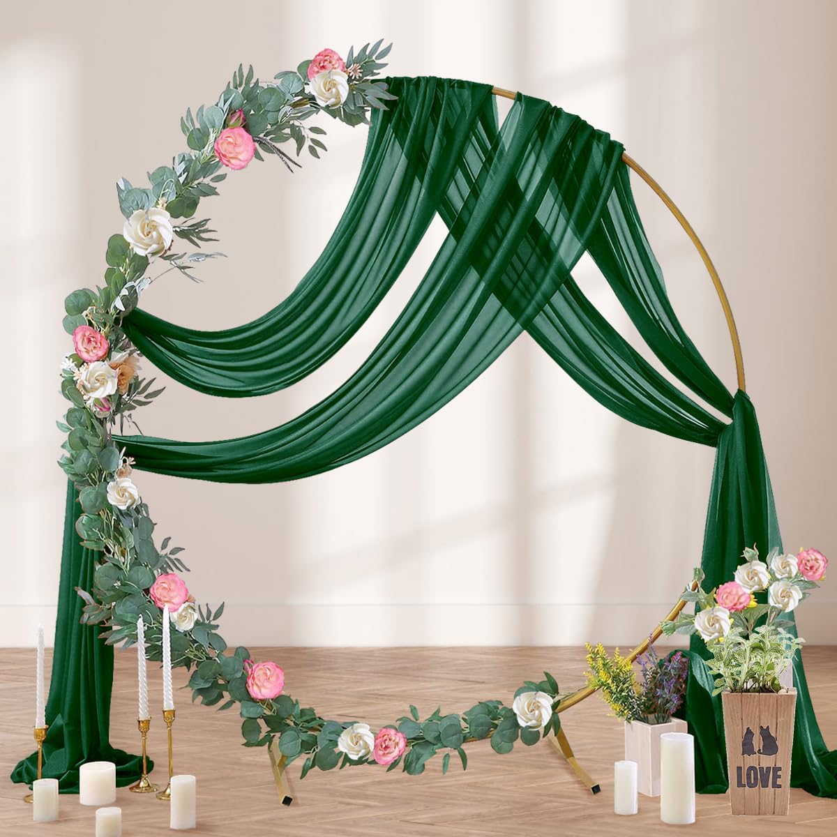 Emerald Green Wedding Arch Draping Fabric 2 Panels 29" x 20 FT Wedding Drapes for Backdrop Sheer Green Curtains for Romantic Bridal Baby Shower Ceremony Birthday Party Fall Outdoor Events