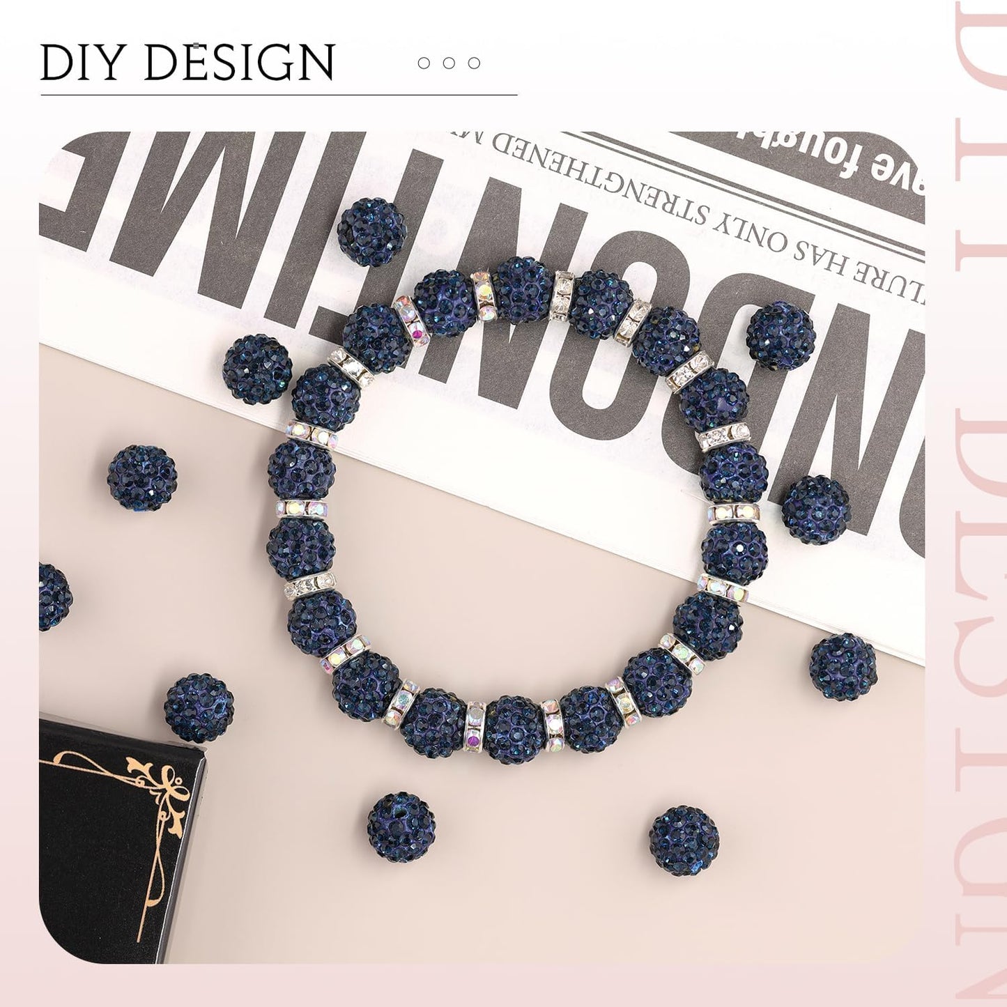 150pcs 10mm Rhinestone Beads for Jewelry Making, Blue Black Shiny Round Shamballa Disco Ball Beads Bulk, Sparkle Crystal Clay Christmas for Bracelet Baseball Necklace Earring Crafting and DIY