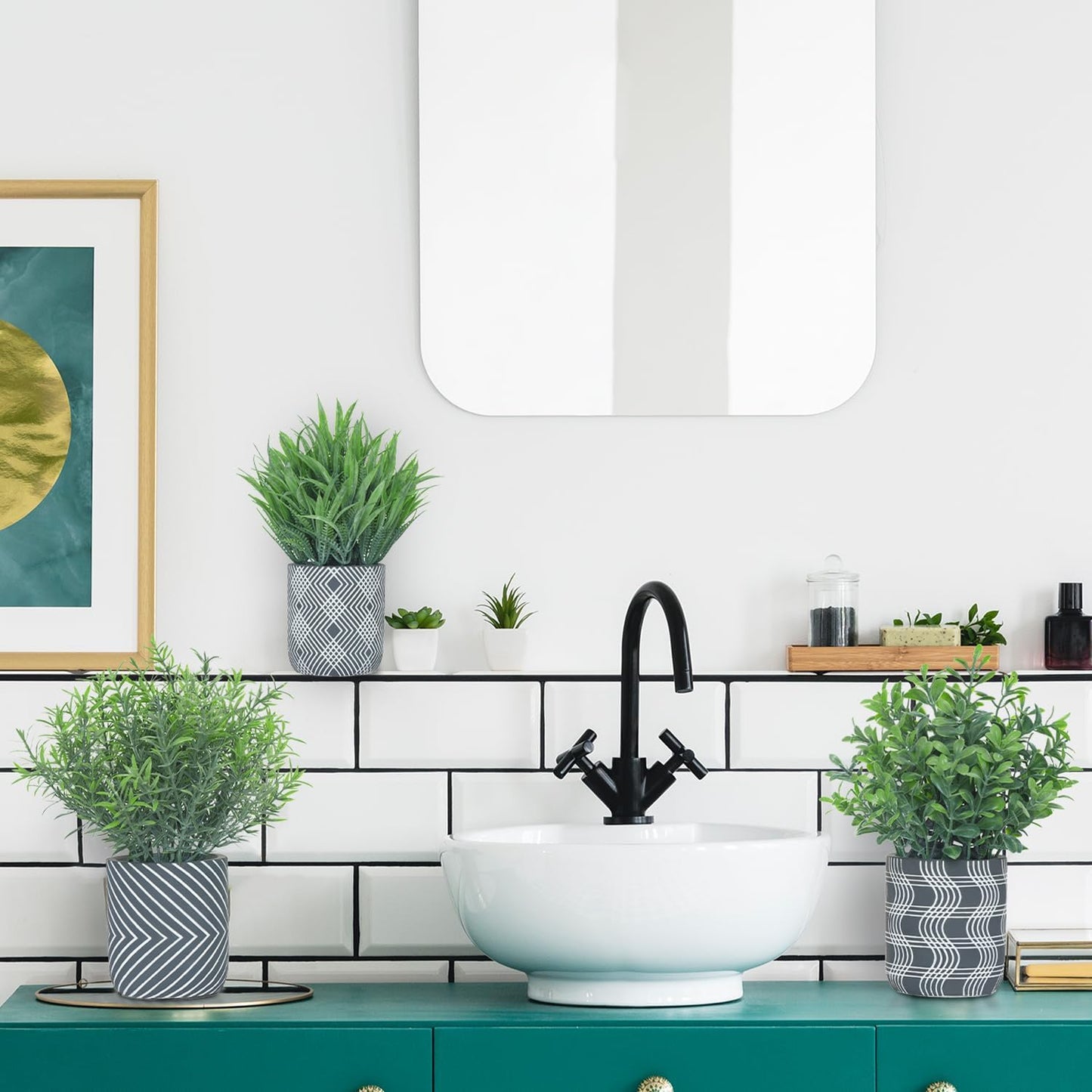 3 Pack Small Fake Plants, Fake Grass Plant, Artificial Boxwood & Rosemary with Geometric Pattern Cement Pots, Small Potted Faux Greenery for Home Decor, Bathroom, Office, Farmhouse Decoration