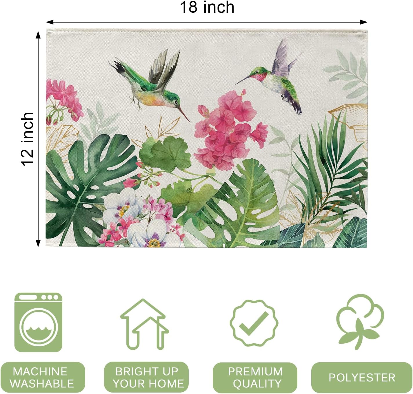 Seliem Spring Summer Geranium Flower Placemats Set of 4, Red Floral Hummingbird Palm Leaves Monstera Dining Table Place Mats, Seasonal Kitchen Decor Home Decoration 12 x 18 Inch