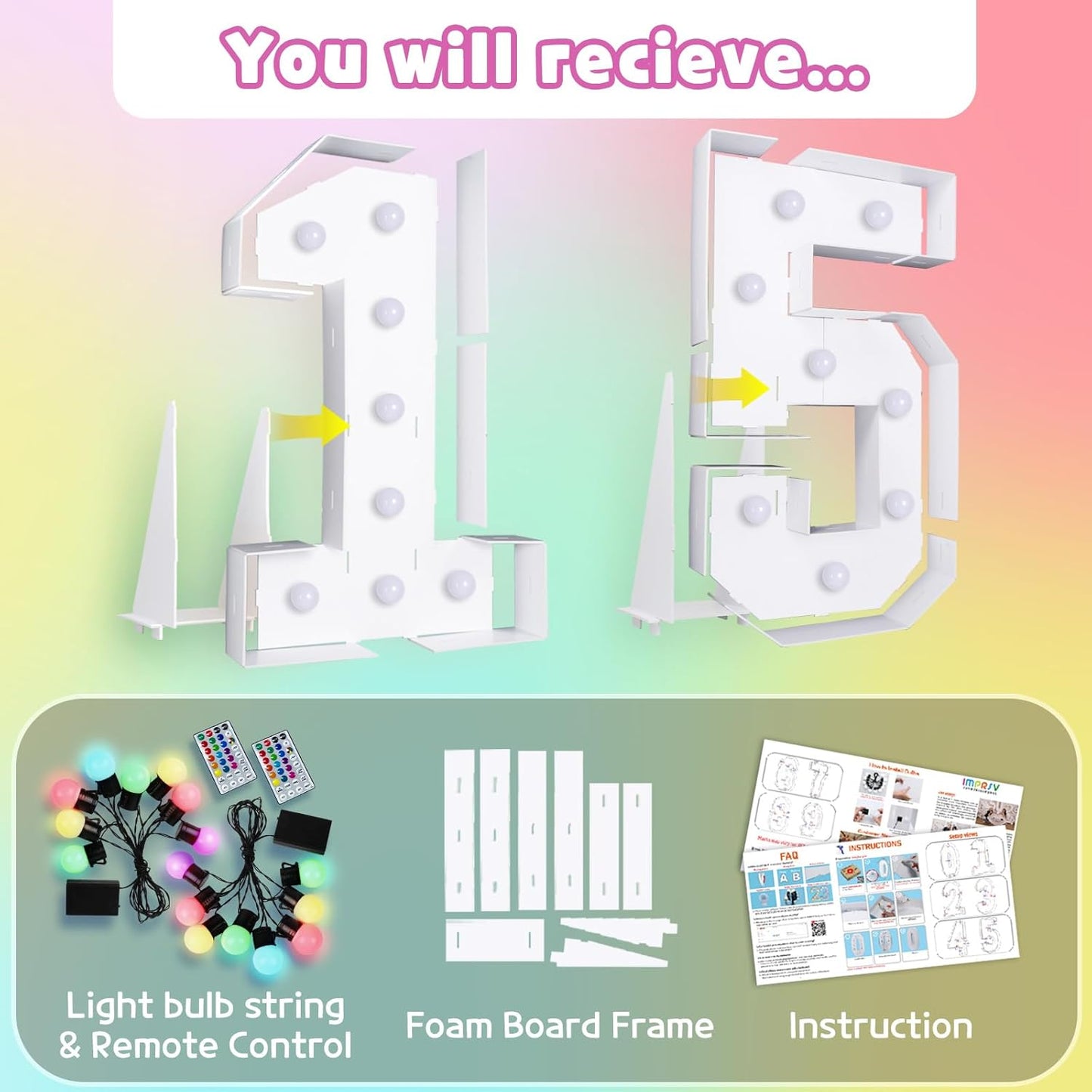 Marquee Numbers 15th-Birthday Decoration: Colorful 4FT Large Light Up Quinceanera Birthday Decorations Anniversary Backdrop for Boys Girls Cardboard Sign 18 Colors Number 15 Mosaic Balloon Frame