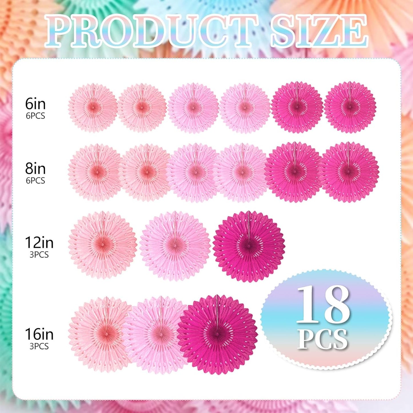 18 Pcs Pink Kit Hanging Honeycomb Paper Fans, Round Paper Fan Decorations for Weddings, Birthdays, Bachelorette, Photo Booth Backdrops, Baby Shower, Anniversary Events Party Supplies