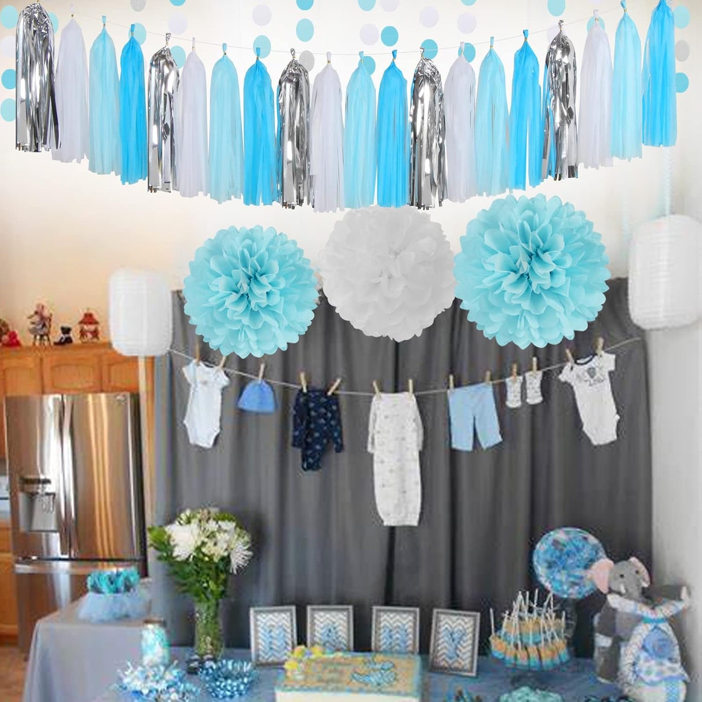 Royal-Light Blue Silver Party Decorations - 30pcs Tissue Pom Poms Streamers,Birthday Tassel Garland Banner,Graduation Wedding Engagement Baby Bridal Shower Decor Ouruola