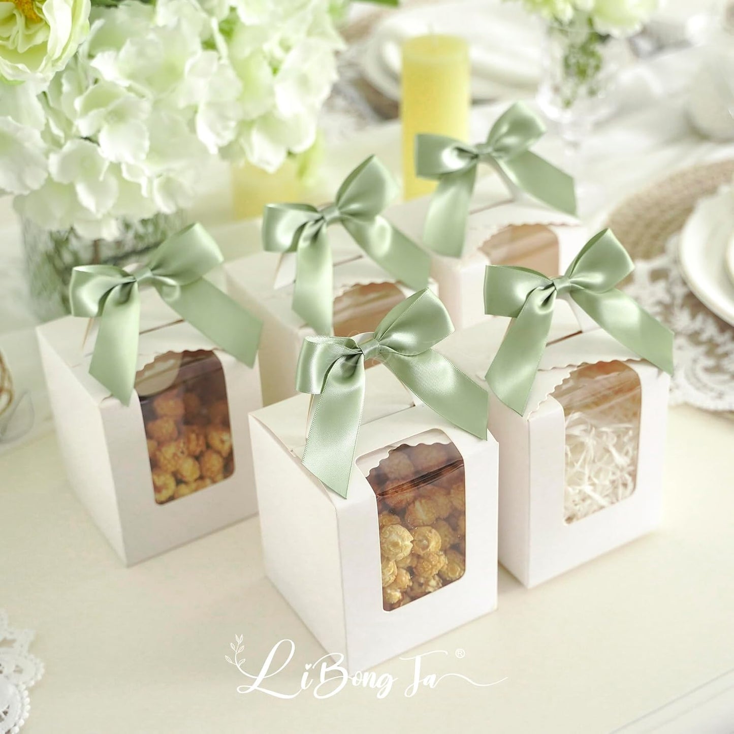 3.5" Sage Green Bow Satin Pre-Tied Bows for Gift Wrapping, Small Bows for Crafts, Premade Bows, Candy Apple Bows, Twist Tie Bows for Cake Decorating, Party Favor, Wedding Decoration-36 Counts