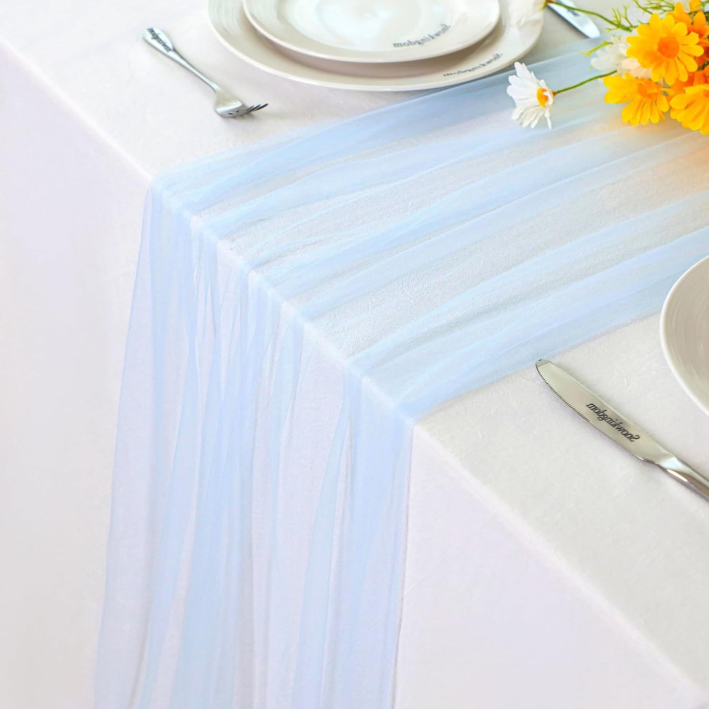 Snowkingdom Light Blue Cheesecloth Table Runner 10FT, Baby Blue Sheer Tulle Gauze Runner 120 Inch, Rustic Boho Party Table Decoration for Wedding Bridal Baby Shower Birthday Christmas Winter Holiday