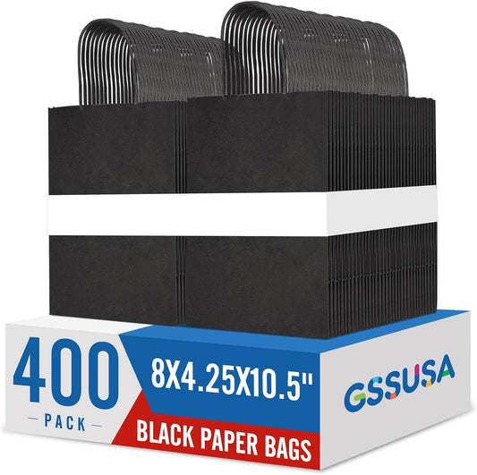 GSSUSA 400 Pack 8x4.25x10'' Paper Bags with Handles Bulk, Black Kraft Paper Gift Bags for Small Business, Sturdy Grocery Retail Shopping Bag, Birthday Party Favor Bag, Craft