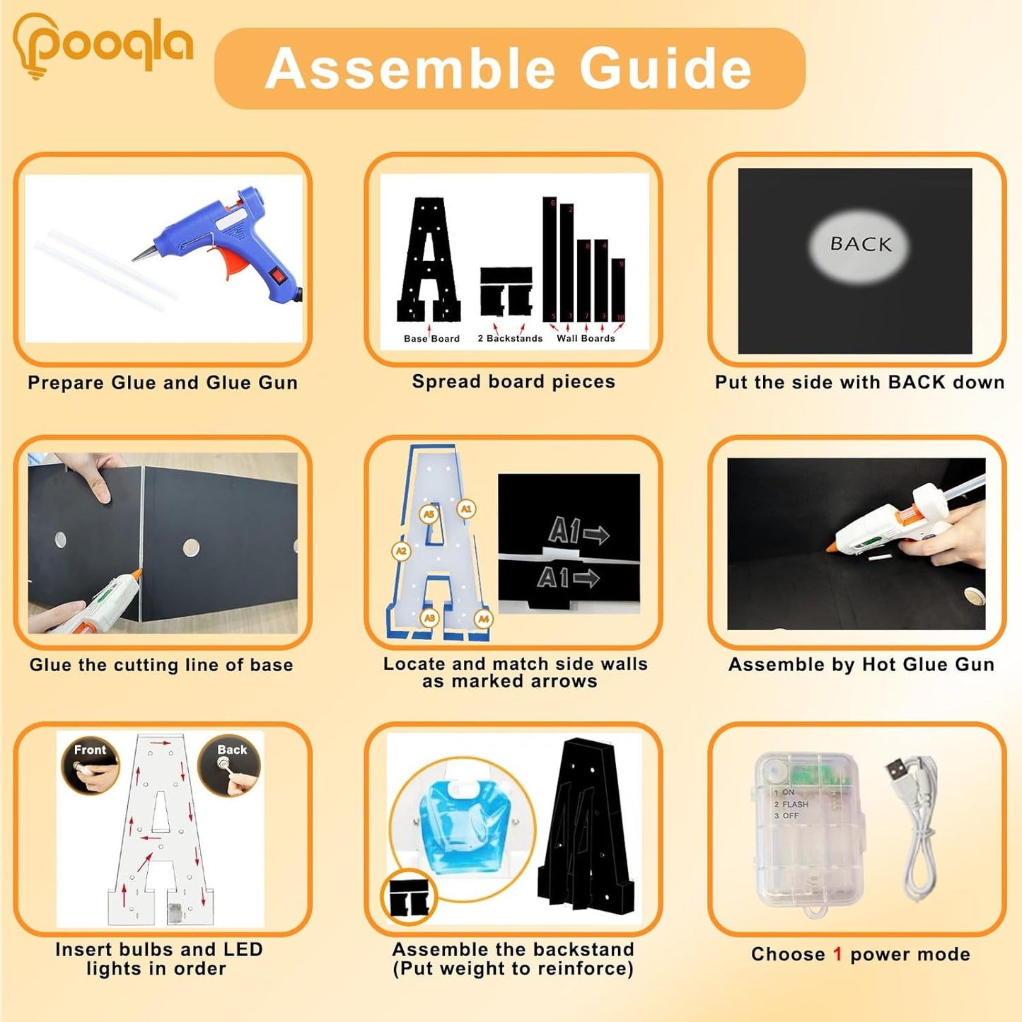 Pooqla 4 FT Marquee Light Up Letters, Giant LED Sign Black Marquee Letter Lights 4 Feet Tall, Big Mosaic Letters for Balloons Birthday Party Anniversary Wedding Decorations, Warm White E