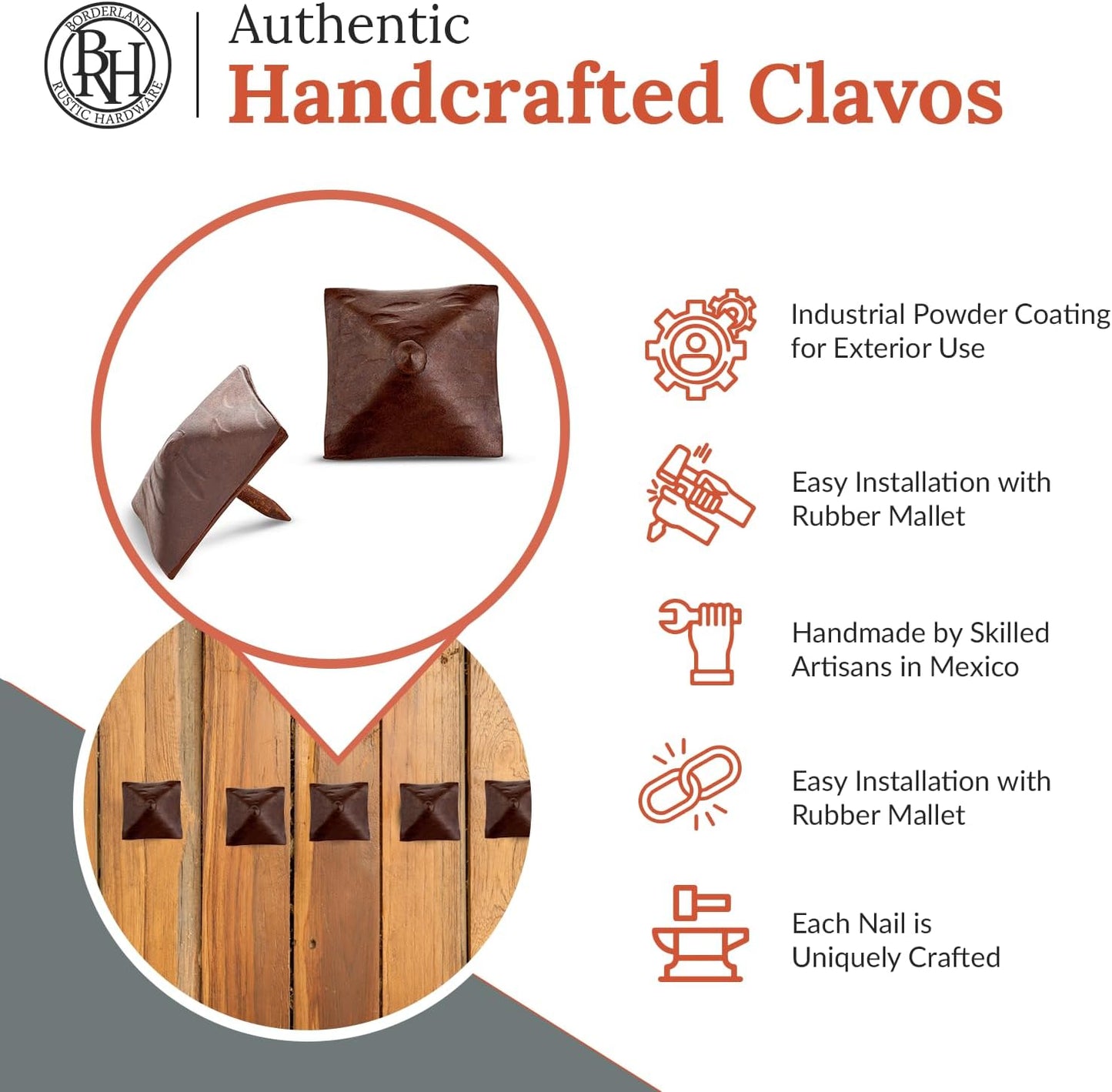 10 Pack 1.25" Square Head Iron Clavos Decorative Nails – Sealed Rusted – Handmade Rustic Square Fasteners for Farmhouse Shutters, Barn Doors, Shutters, and Gates – Ornamental Wood Accent