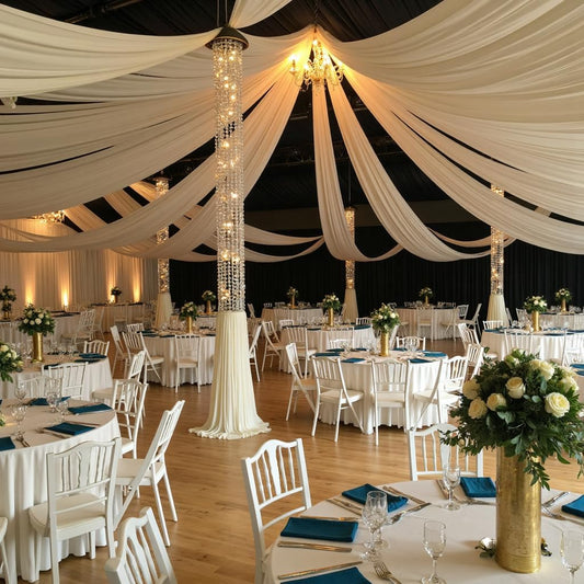 PartyVillage 10 Panels 5ftx30ft Ivory Ceiling Drapes for Wedding Parties – 30 FT Extra Long Thick Polyester Wrinkle-Free Drapery Tent Decor Decorations for Birthday Party Ceremony Stage Swag