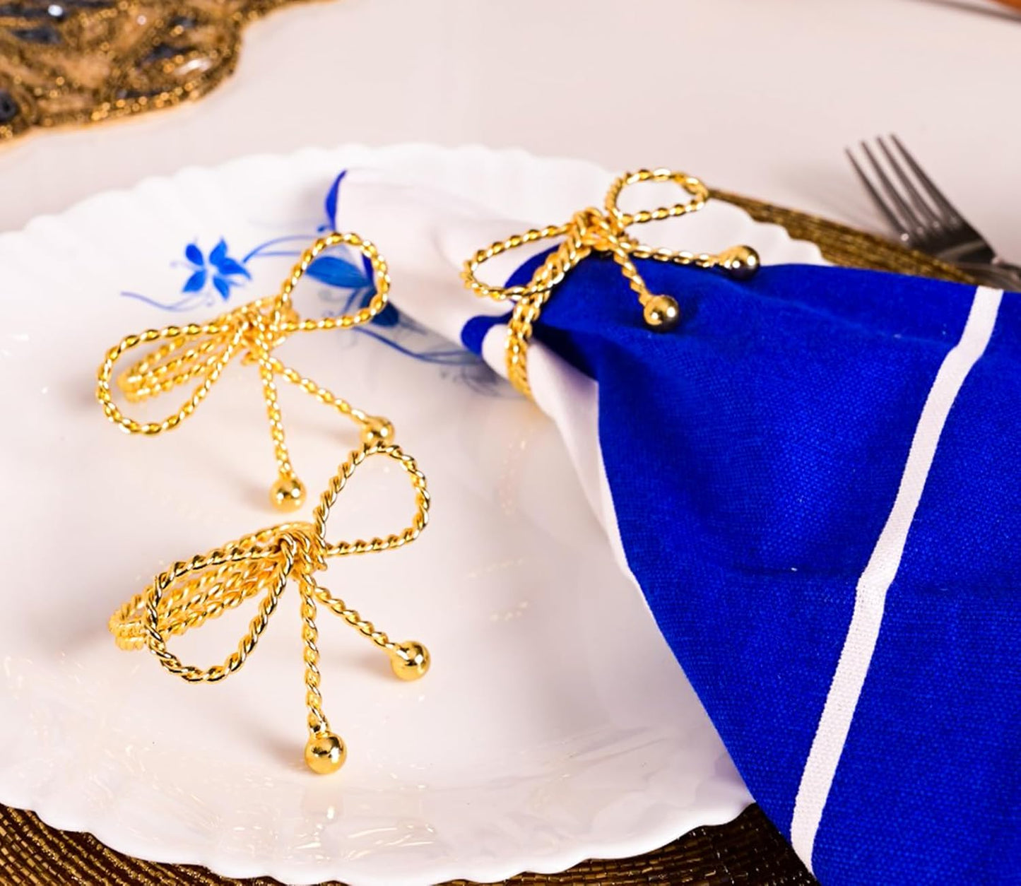 Napkin Rings Set of 12, Holiday Napkin Holders, Metal Napkin Rings for Safari Theme Table Décor Handmade for Holiday, Weddings, Receptions, Banquets, Events, Bow Shape, Gold - ALPHA Living HOME