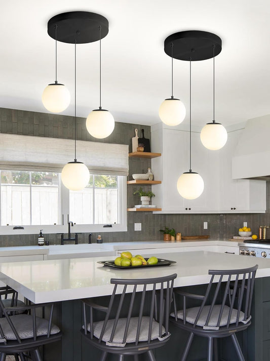 3-Lights Globe Glass Pendant Light Modern White Globe Glass Chandelier Mid Century Chandelier Black Hanging Fixture for Kitchen Island Foyer Hallway Dining Room
