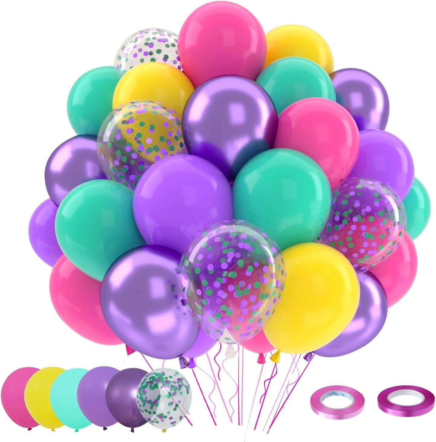 Patimate Birthday Balloons Set, 50 pcs 12 inch Hot Pink Metallic Purple Yellow Teal Confetti Latex Balloons Kit for Kid's Birthday Baby Shower Magic Theme Party Decorations
