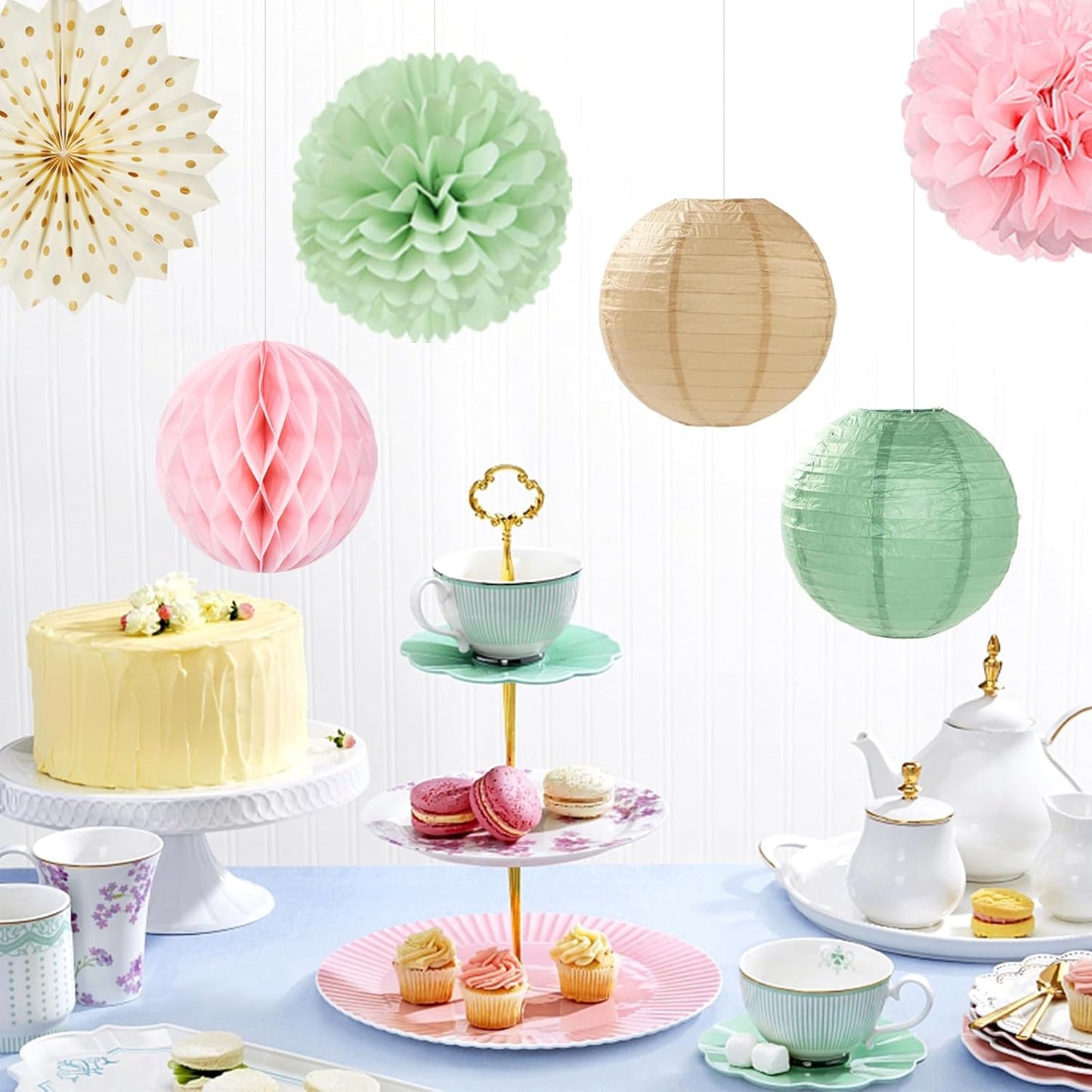 Sage-Green Pink-Champagne Party-Decorations Streamers Lanterns - 14pcs Neutral Baby Shower Paper Fan,Tissue Pom Poms,Honeycomb Balls,Boho Wedding Engagement Bachelorette Birthday Bridal Decor Ouruola