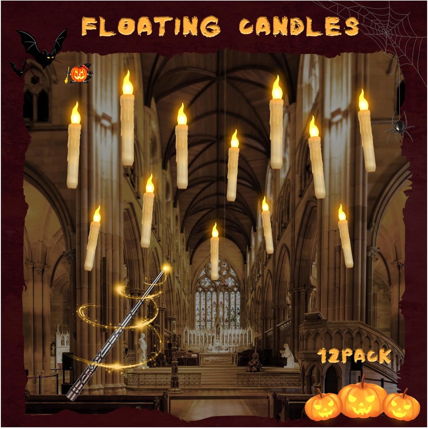 Floating Candles with Wand Remote, Magic Floating Halloween Candles, Flameless LED Flickering Witch Decor Hanging Candles for Halloween Christmas Birthday Party Room Ceiling Decorations, Pack of 12