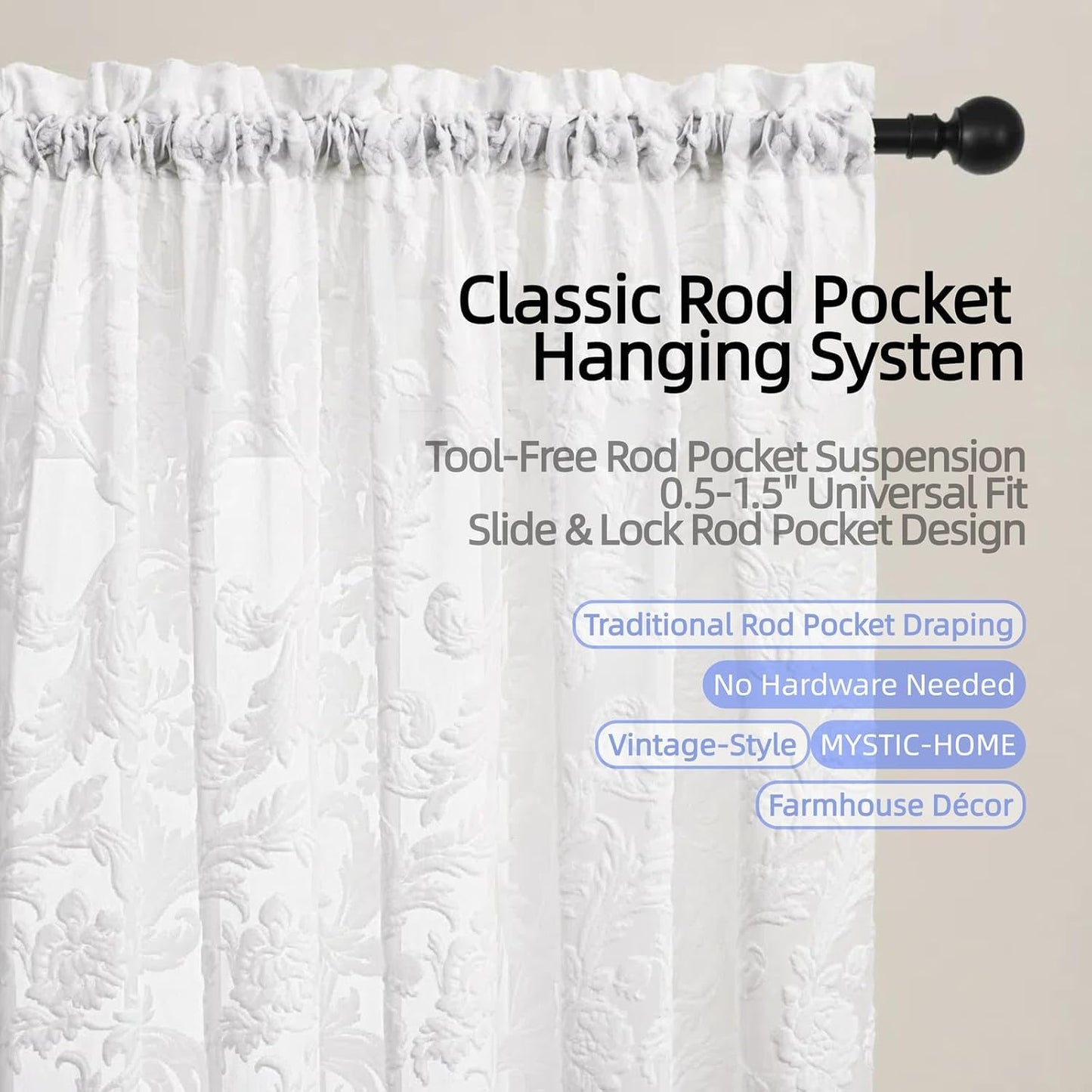 Curtains Sheer White Curtain Panels Boho Farmhouse Drapes with Vintage Floral Pattern 45" Short Length Rod Pocket for Bedroom Living Room Windows French Elegance 3D Relief, Set of 2 (52" Wide Each)