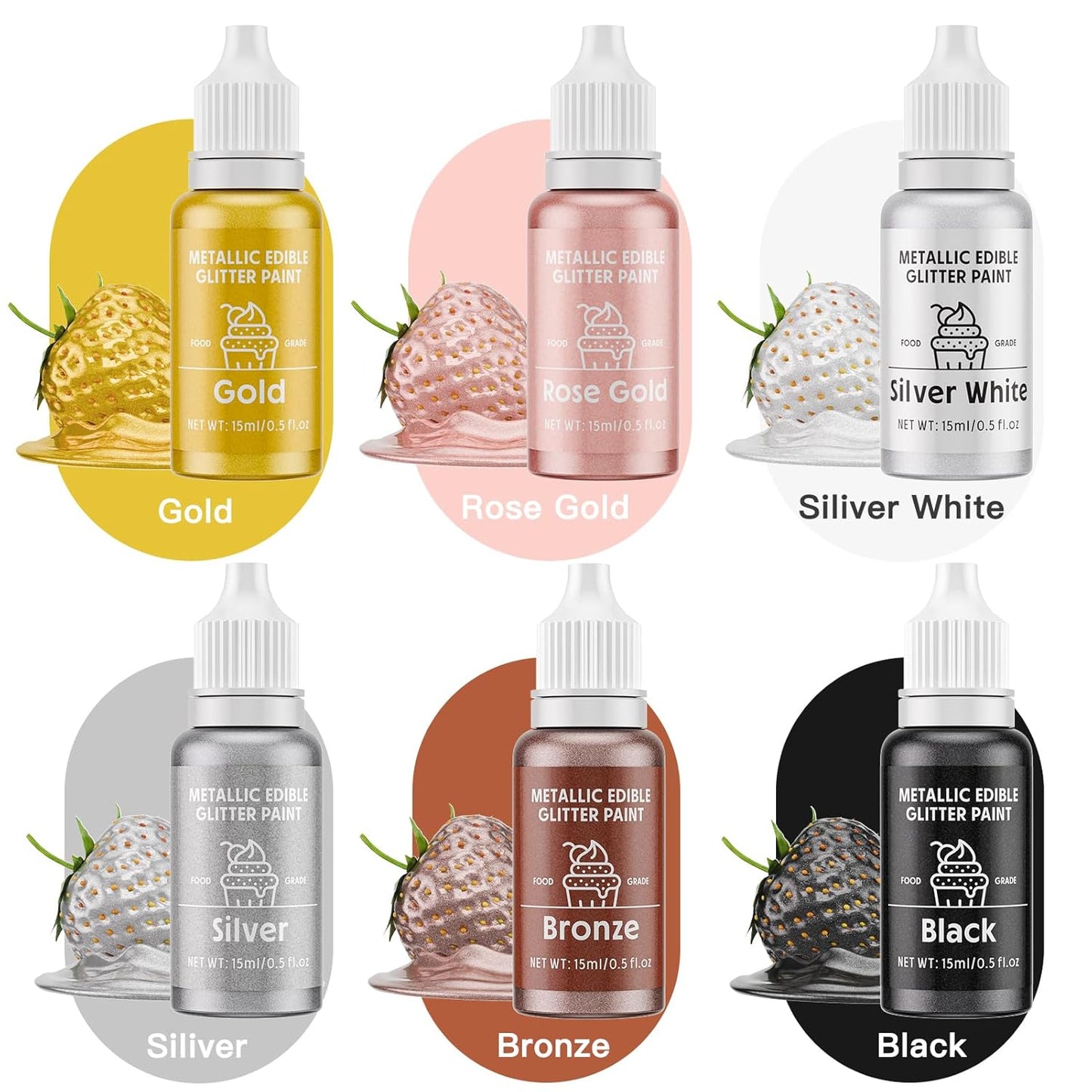 Edible Glitter Paint Set- 6 Color Food Coloring Metallic Glitter Paint for Baking, Cake Decorating - Food Grade Art Decorative Cake Paint for Cupcakes, Cookies, Fondant, Donuts, Macaron, Candy (metal, 6 color)