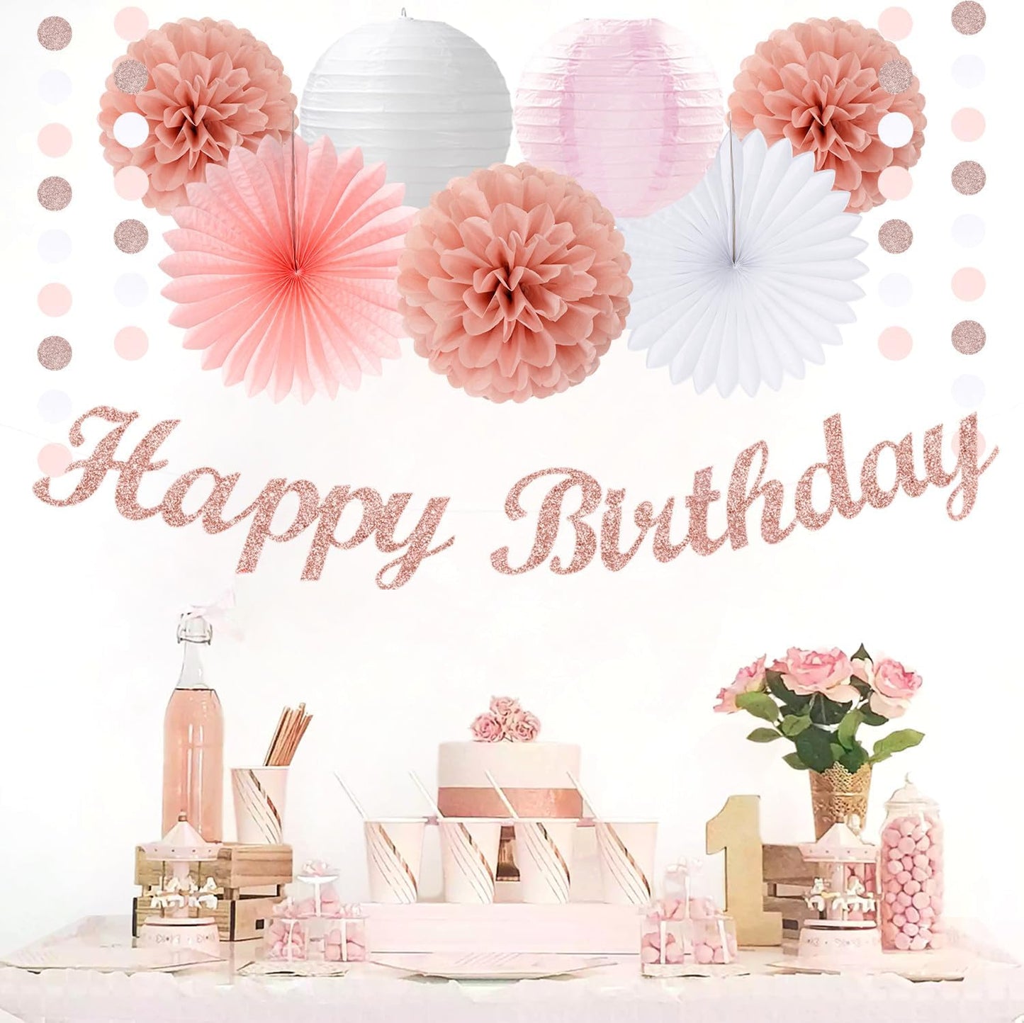 Rose-Gold Pink-White Happy Birthday Party-Decorations - 31pcs Sweet First 16 18th 21st Women Girls Paper Lanterns Streamers Banner,Tissue Pom Poms Decor,Flower Fans Tassels Graland Supplies Hugmoon