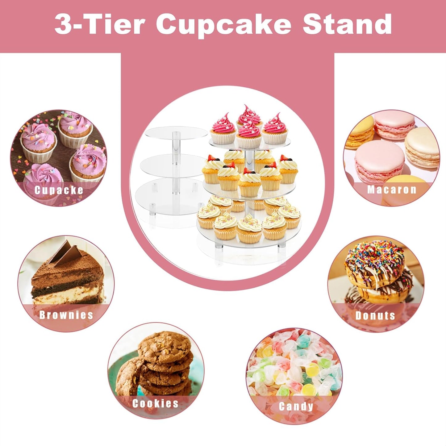 3 Tiers Round Cupcake Stand, Acrylic Cake Tower Stand Holder Macaron Display Rack Cookie Candy Buffet Desserts Platter with Base for Baby Shower, Birthday Party, Wedding, Party (3-Tiers with Base)