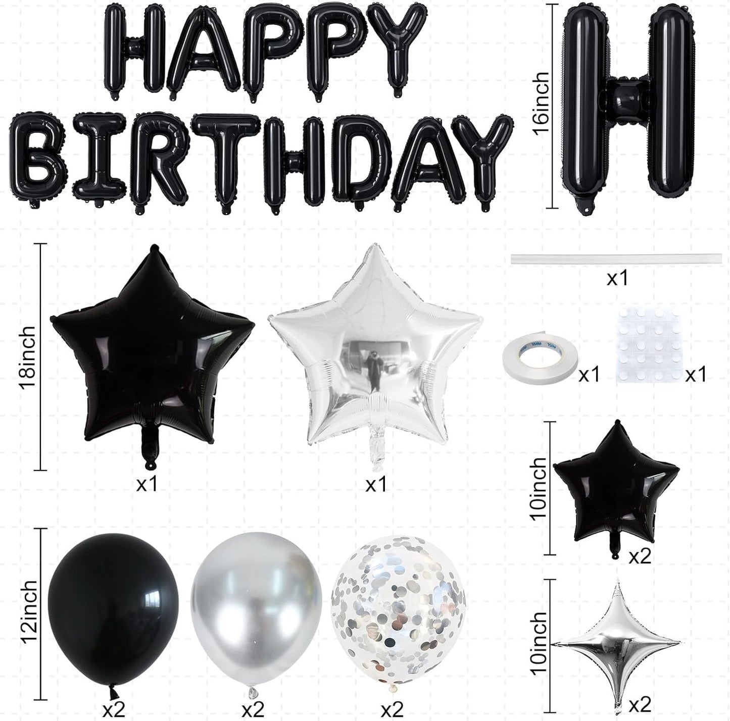 Happy Birthday Balloon Banner Black Silver, 16 Inch Mylar Foil Letter Balloons, Reusable Birthday Decorations with Black and Silver Balloons, Inflatable Party Supplies for Women Men Boys Girls Decor