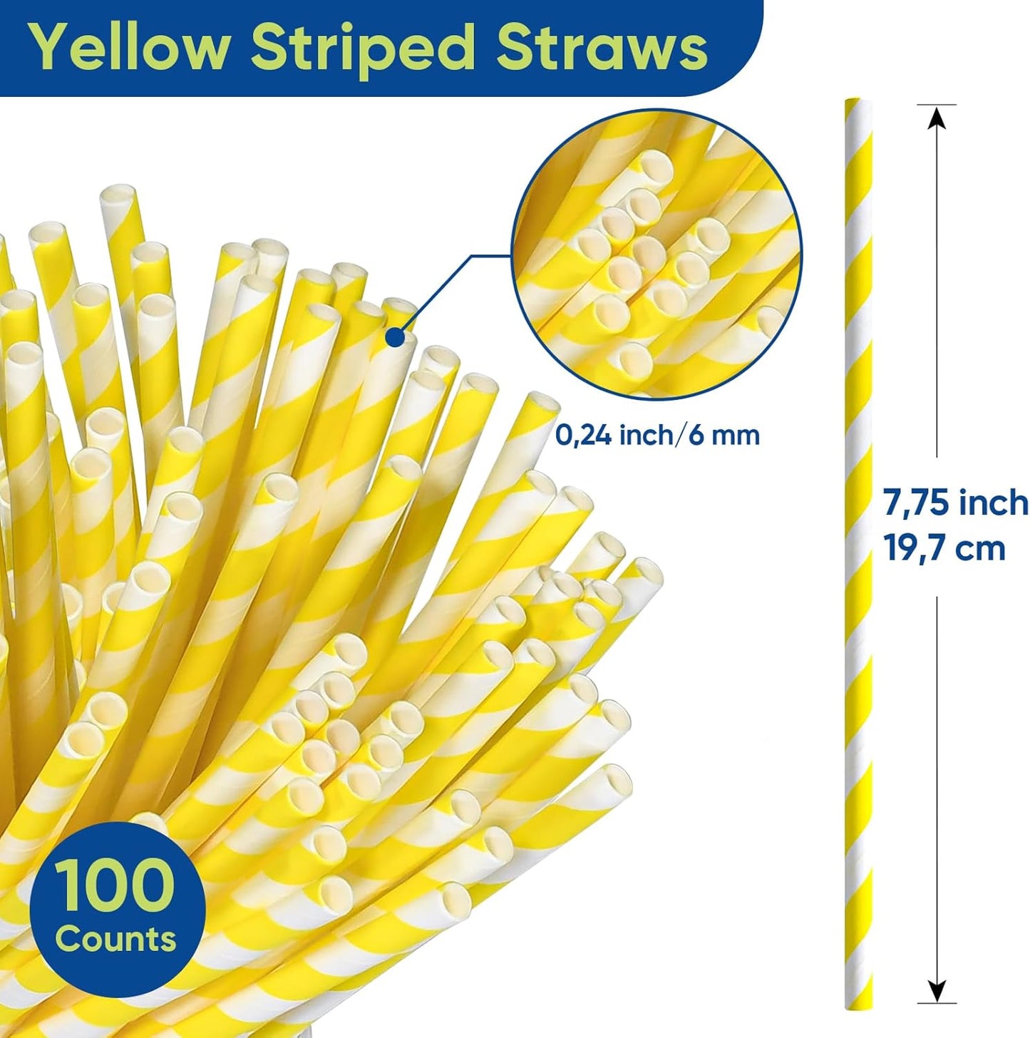 Eco-friendly Yellow White Striped Disposable Paper Drinking Straws 7.75'' x 0.24'' 100 Counts - for Cocktail, Party, Juice, Water, Milk