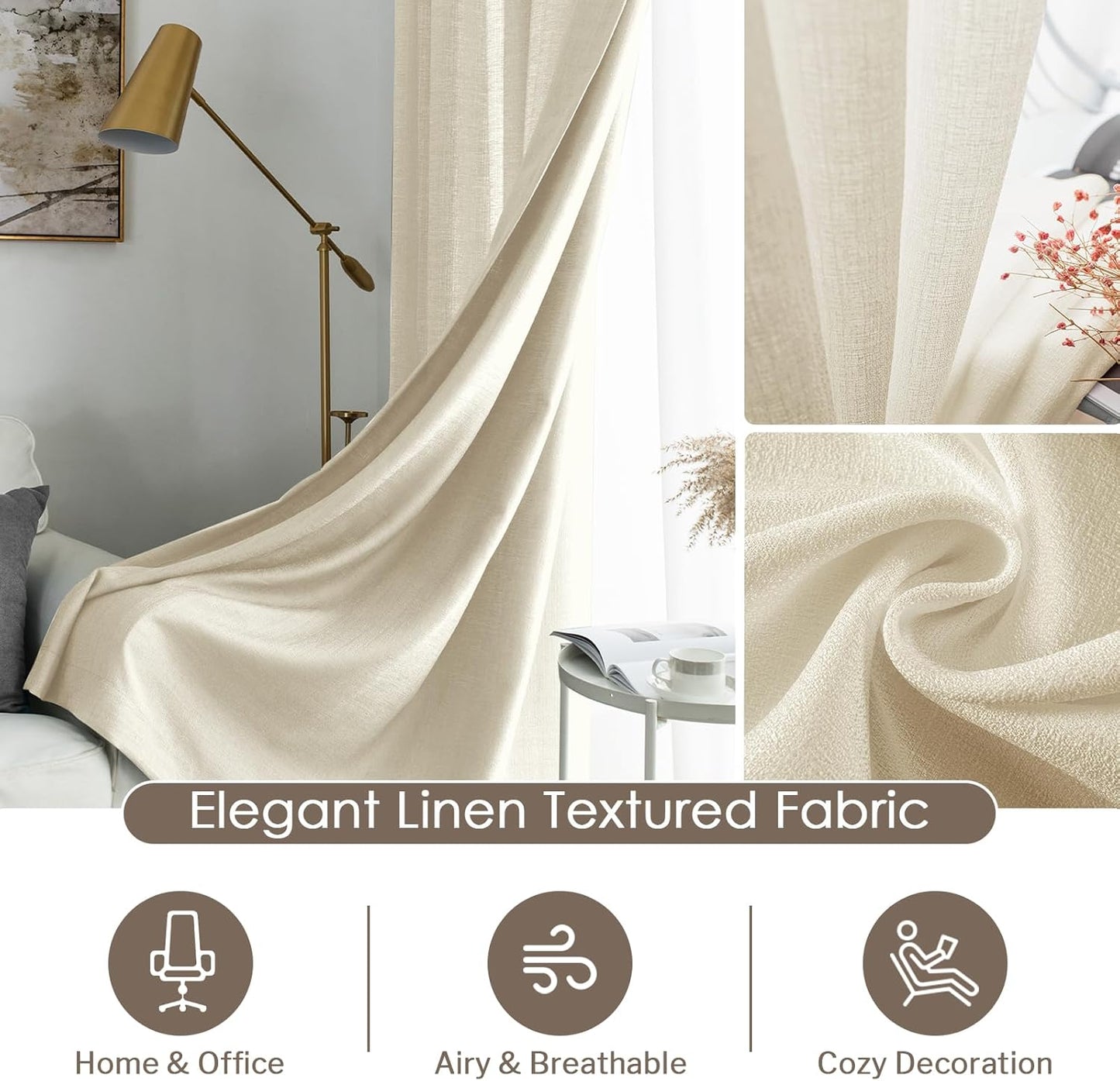 Melodieux Beige Semi Sheer Curtains 63 Inch Length for Bedroom Living Room, Farmhouse Linen Texture Light Filtering Home Office Shiny Sheer Drapes Rod Pocket, 52" W x 63" L, 2 Panels