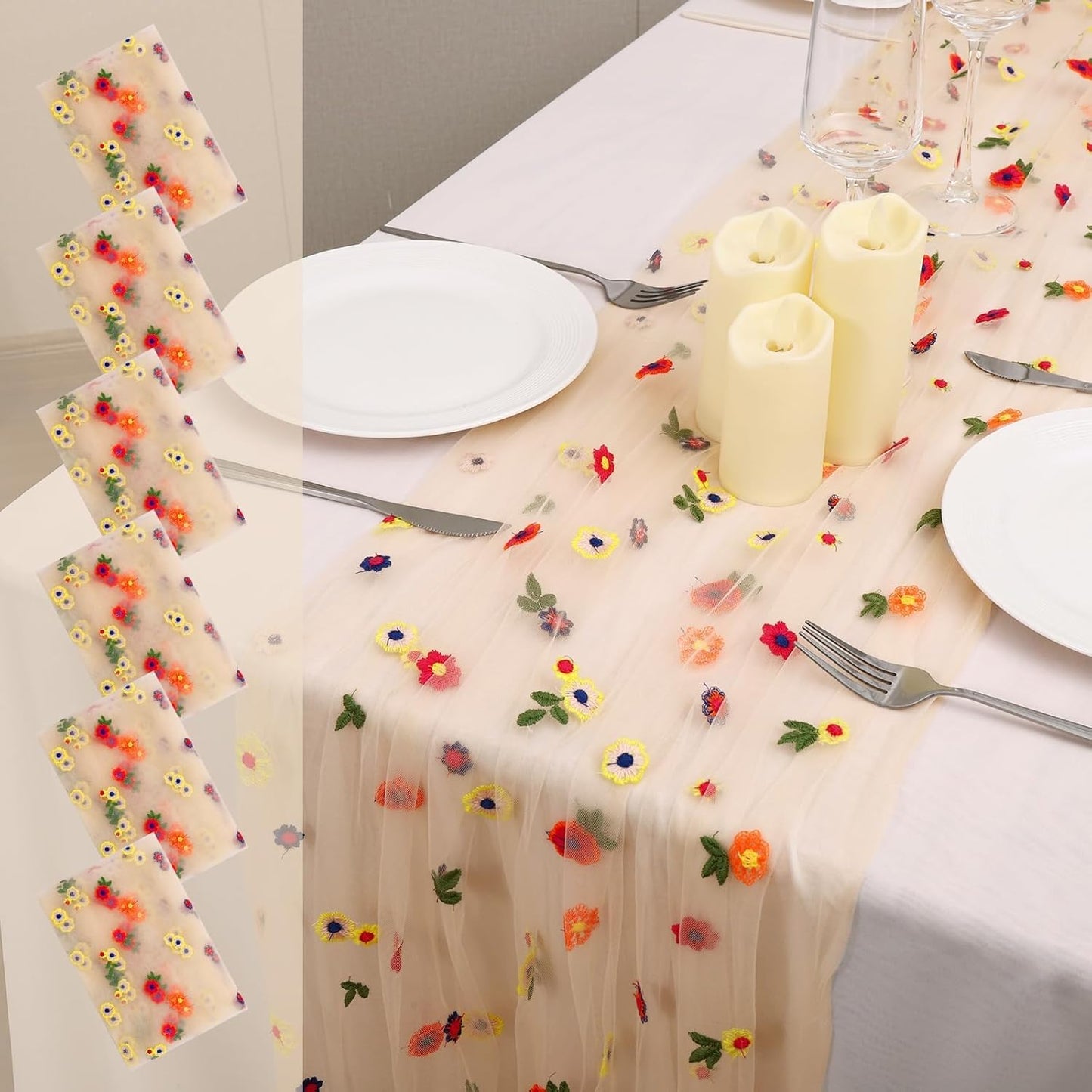 6PCS Champagne Floral Table Runner 10 FT, Embroidery Daisy Table Runners Seasonal Sheer Tulle Table Runner for Thanksgiving Wedding Birthday Baby Shower Party ﻿