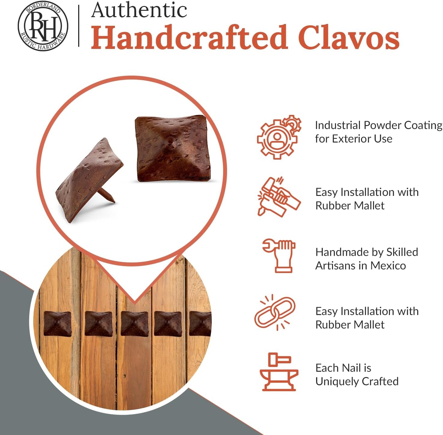 100 Pack 1.5" Square Head Iron Clavos Decorative Nails – Sealed Rusted – Handmade Rustic Square Fasteners for Farmhouse Shutters, Barn Doors, Shutters, and Gates – Ornamental Wood Accent