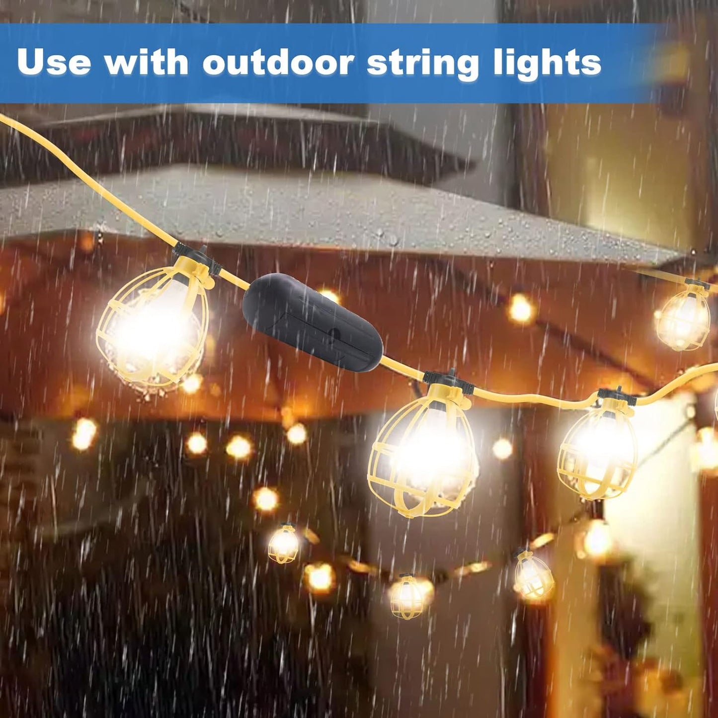 50FT Construction String Lights with Outdoor Extension Cord Safety Cover, 50W 5 Bulbs Work Lights, IP65 Waterproof, 4000LM 6500K Temporary Lighting for Workshop, Mine cave, Job Site