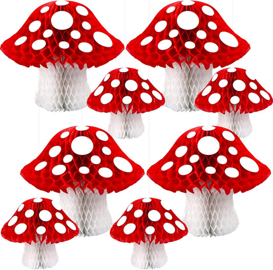 8PCS Mushroom Honeycomb Decor Mushroom Shaped Tissue Paper Pom Decorations for Jungle Wonderland Themed Birthday Party 3D Mushroom Honeycomb Centerpiece for Fairy Baby Shower Garden Decoration