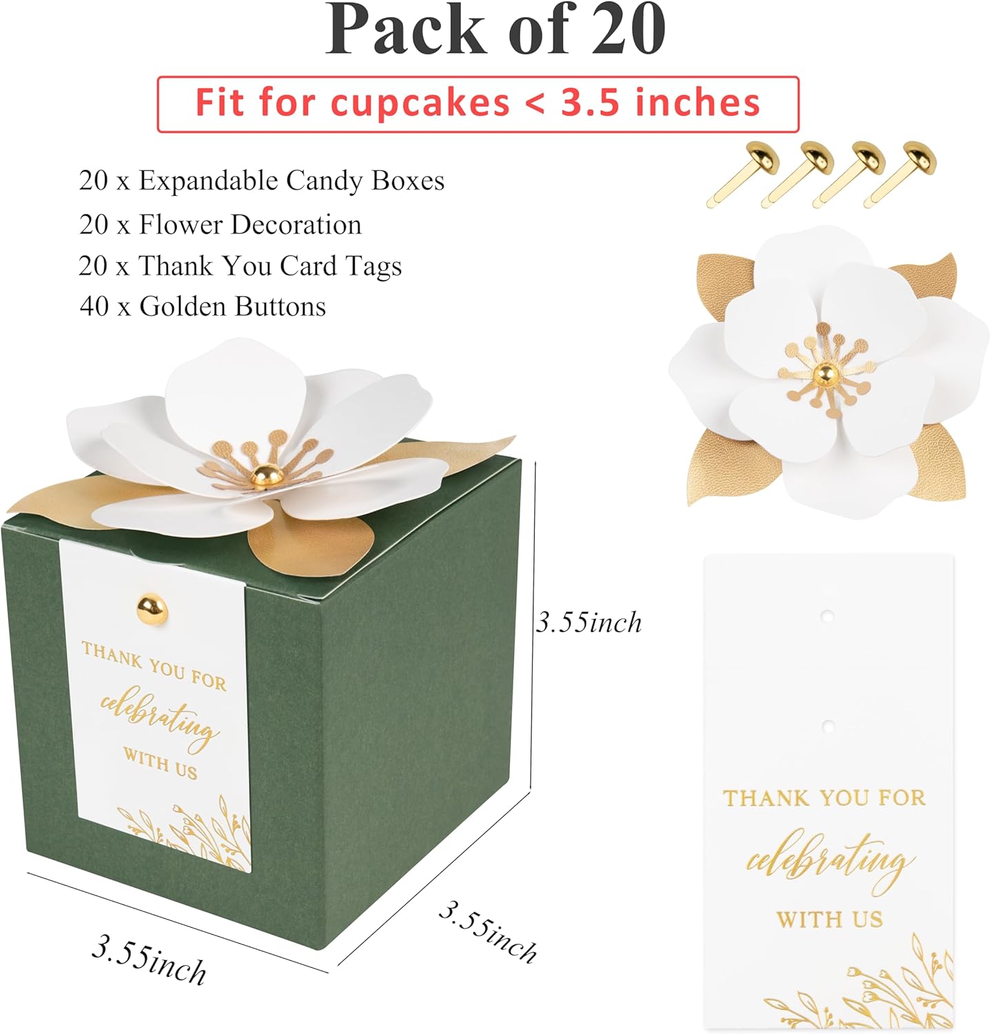 FEIYI 20 PCS Gift Boxes, 3 In 1 Olive Green Favor Boxes with Floral Decor, White Thank You Tags Cupcake Containers Gift wrapping for Wedding, Baby Shower, Birthday, Decorations Party - 3.55x3.55x3.55