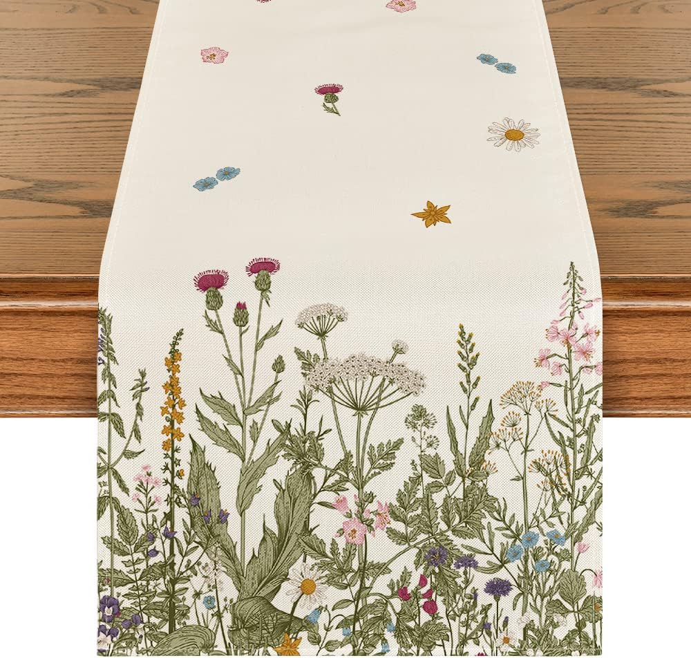 Artoid Mode Antique Herbs and Wild Flowers Summer Table Runner, Spring Fall Kitchen Dining Table Decoration for Home Party 13x48 Inch