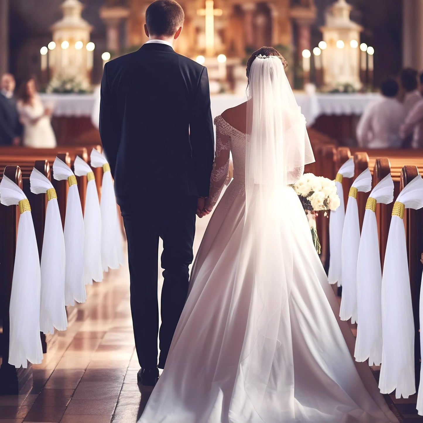 24 Set Wedding Aisle Chair Decorations 31.5 Inch Pew Bows with Long Tulle Tails and Rhinestone wrap for Wedding Ceremony Church Bridal Shower Banquet Decor (Gold)