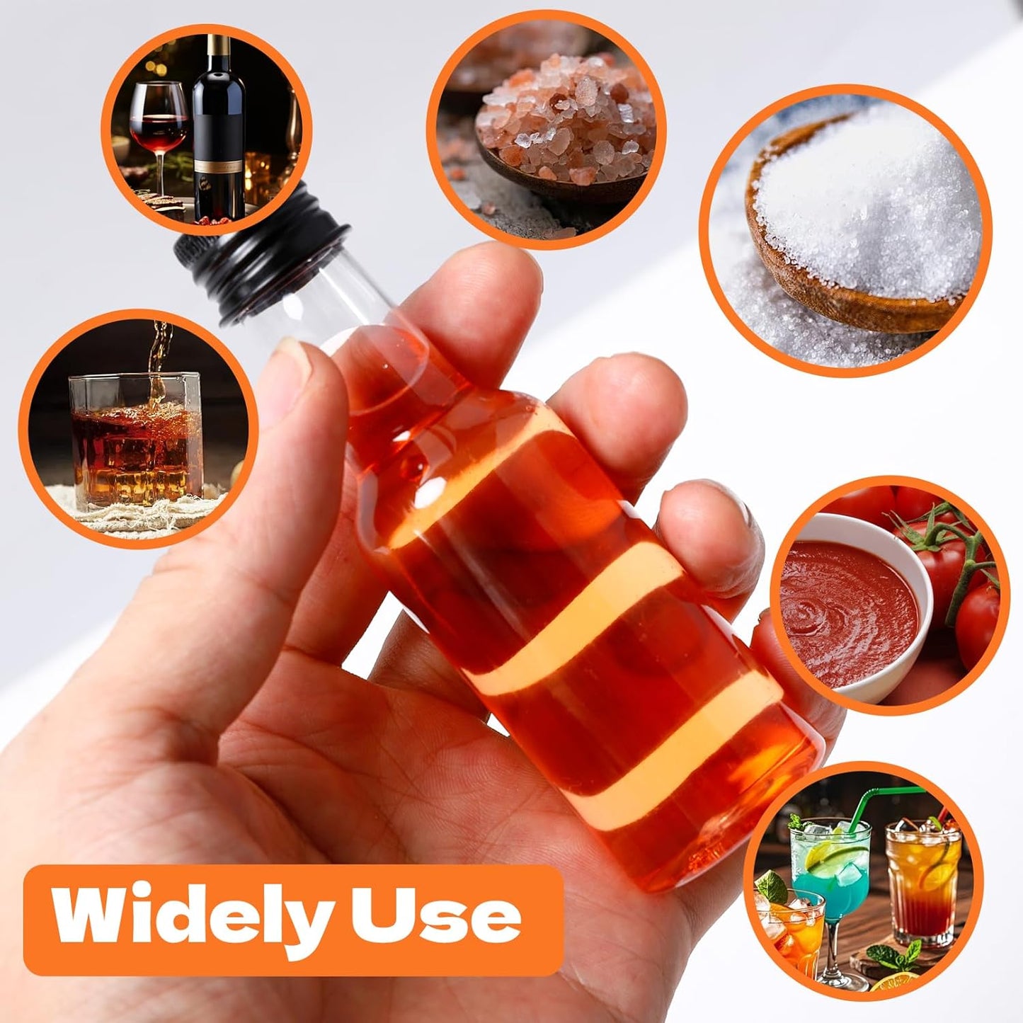 50 Pcs Mini Liquor Bottles with Black Cap, Plastic Alcohol Bottles, 2oz Leakproof Empty Spirit Bottle, Mini Salad Dressing Bottle with Funnels for Cocktail Party Weddings