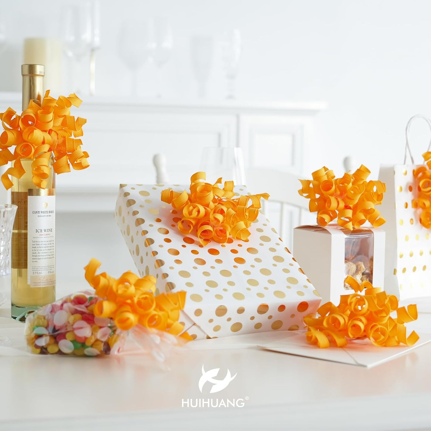 HUIHUANG Yellow Curly Ribbon Bows for Gift Wrapping, Yellow Gift Bows Self Adhesive Burst Gift Bows for Present Box, Wine Bottle, Treat Bags, Wrap Accessories, Party Favor - 6 Counts