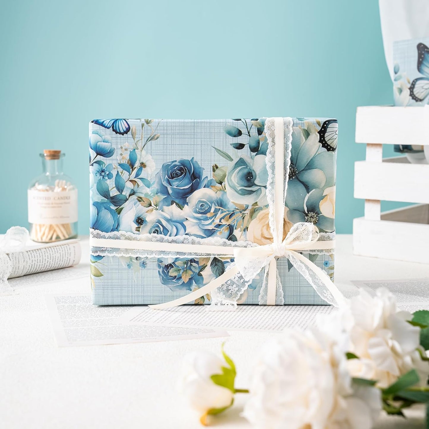 WRAPAHOLIC Kraft Floral Wrapping Paper - Mini Roll - 17 Inch x 16.5 Feet - Dusty Blue Flower and Butterfly Design for Wedding, Birthday, Bridal Shower, Tea Party, Drawer Liners, Home Closet Shelves