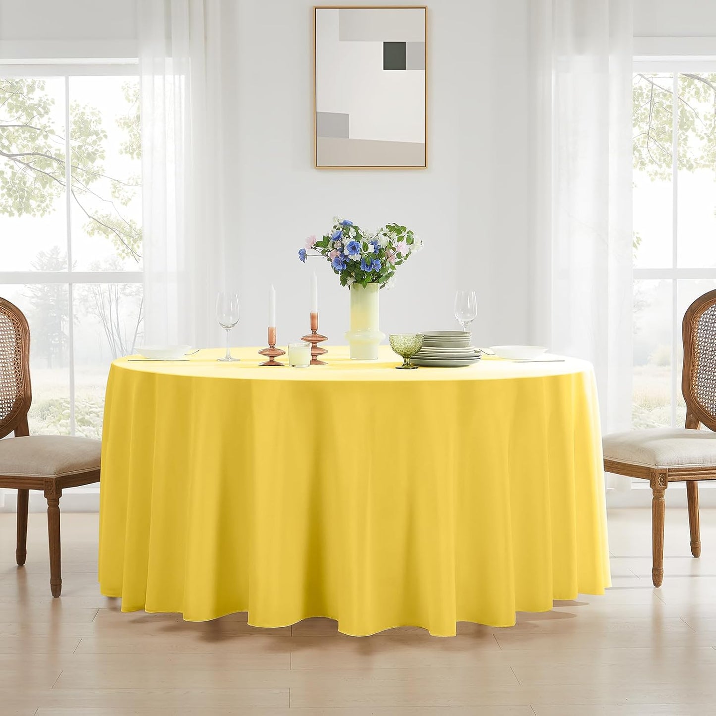 Round Tablecloth 2 Pack 90 Inch Yellow Tablecloths Washable Decorative Linen Polyester Table Clothes Cover for Dining Table Banquets Buffet Parties and Wedding