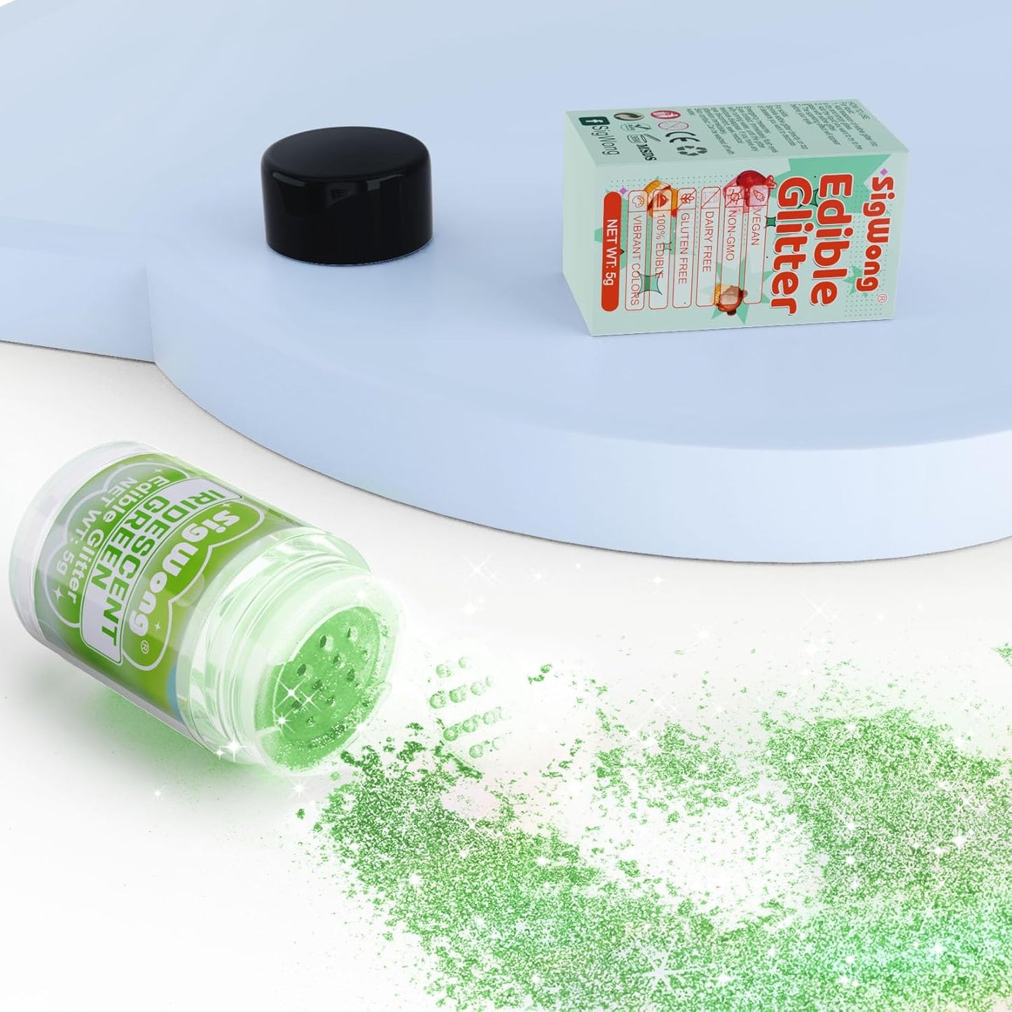 Iridescent Green Edible Glitter - 5g Food Grade Cake Decorating Shimmering Glitter, Edible Sprinkle Luster Dust for Drinks, Chocolates, Fondant, Strawberries, Cupcakes, Candy, Cookie - Vegan
