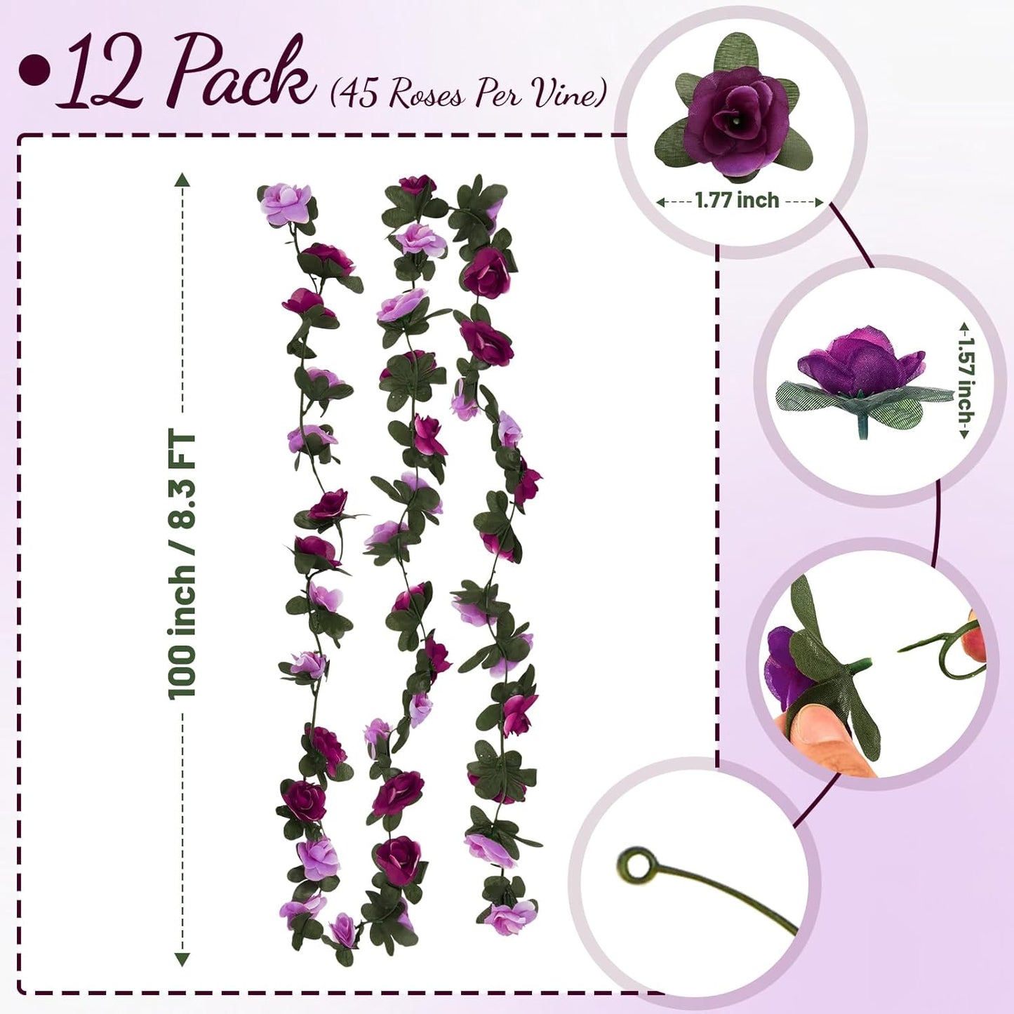 12 Pcs 99 Ft Flower Garland Rose Vines, Rose Garland for Decoration, Flower Vine for Room Table Birthday Wedding Party Garden Wall Decor