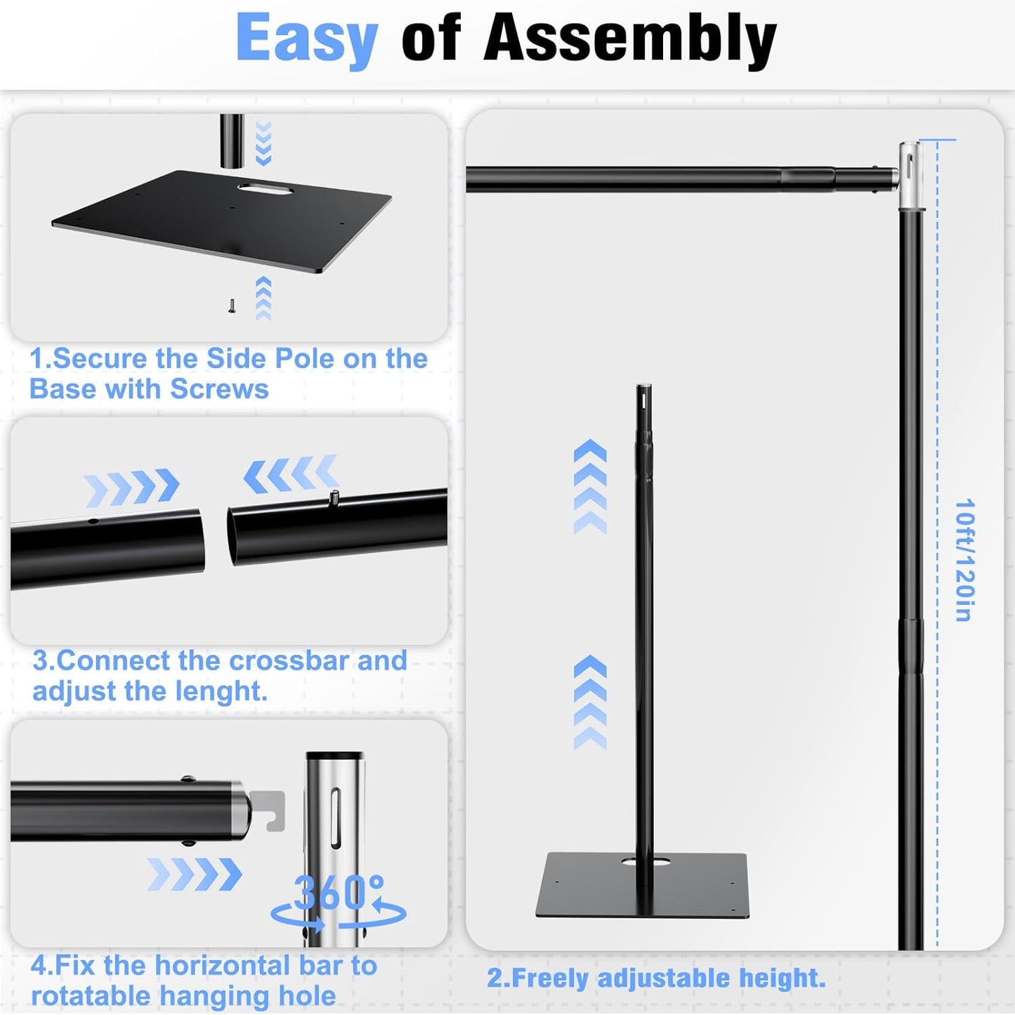 Pipe and Drape Backdrop Stand 10FT x 8FT, Adjustable Backdrop Stand Heavy Duty, Background Stand, Backdrop Stand for Parties, Photography, Wedding, Birthday Decoration (10ft x 8ft)