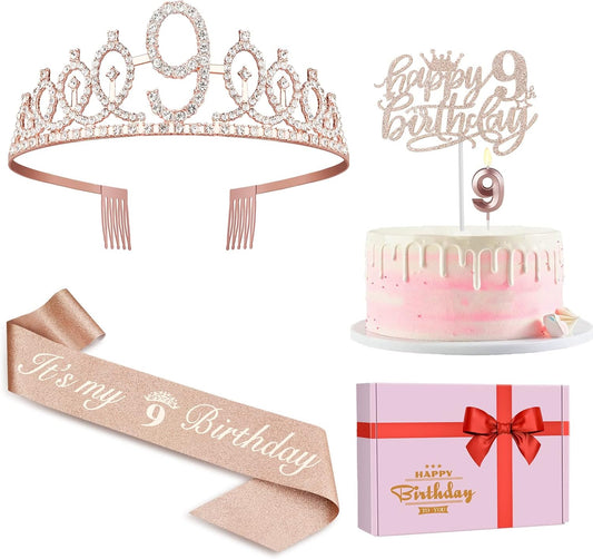 9th Birthday Decorations for Girl Including Sash, Crown, Numeral Candle and Cake Topper, 9 Year Old Girls Party Favor Supplies