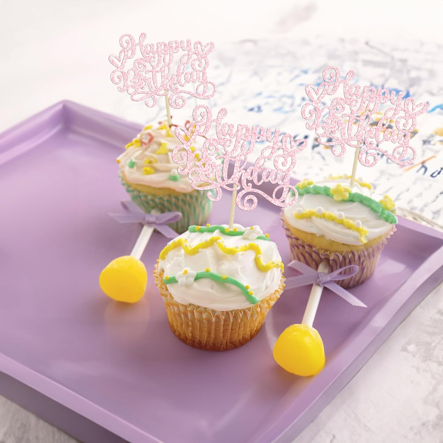 Gyufise 24Pcs Happy Birthday Cupcake Toppers Glitter Happy Birthday Cupcake Picks for Celebrating Happy Birthday Anniversary Theme Party Cake Decorations Supplies Light Pink