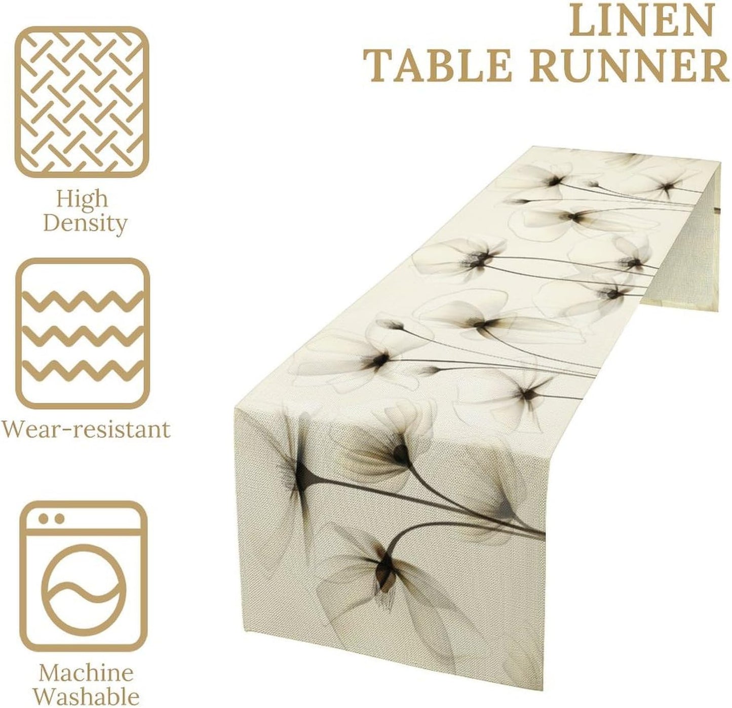 Abstract Floral Table Runner, Watercolor Transparent Beige Poppy Flowers Print Kitchen Dinning Table Runner for Indoor Outdoor Home Wedding Party Holiday, 13x120 Inch
